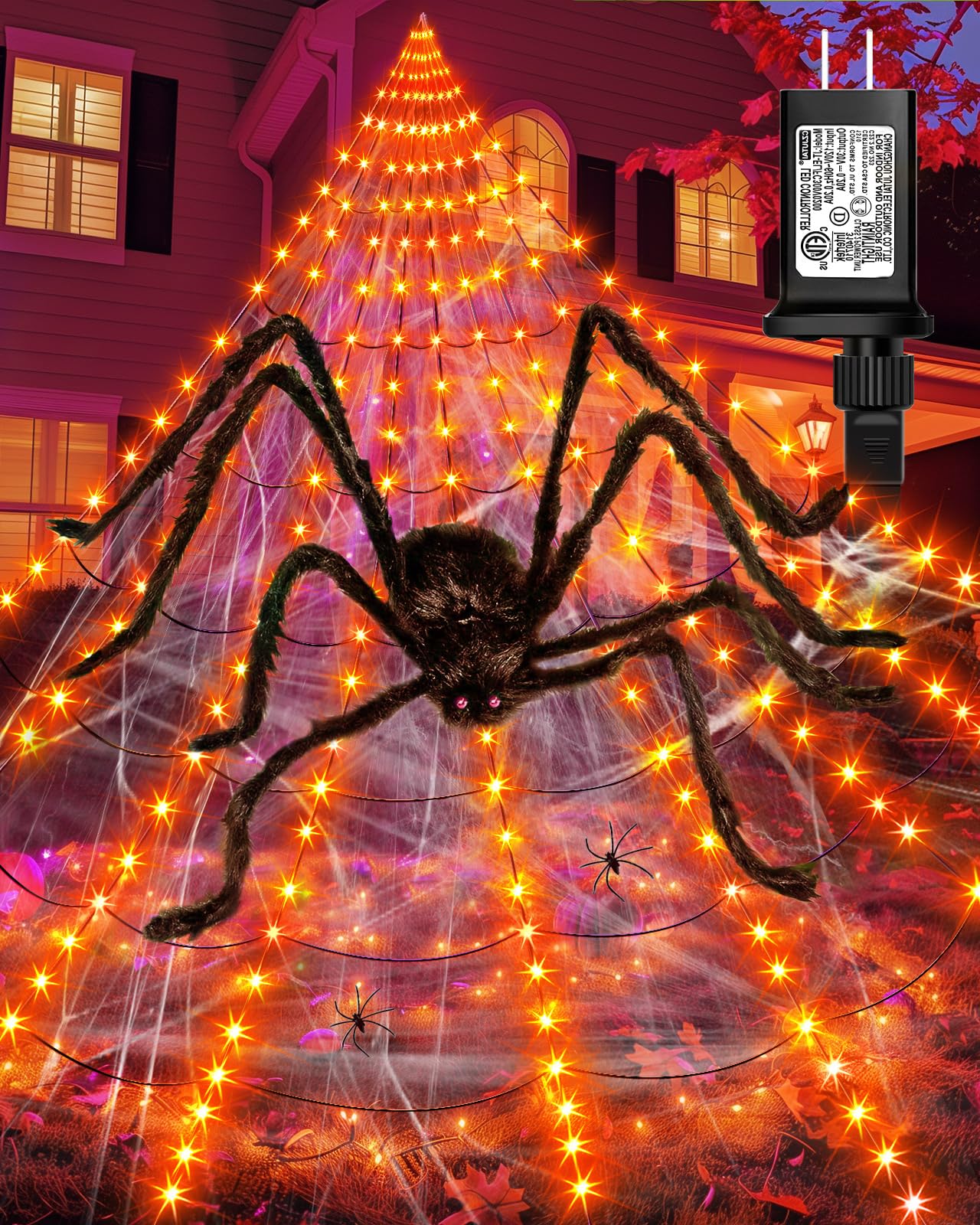 Halloween Spider Web Lights Outdoor Decorations, 16.4Ft 252LED Giant Spider Web with 35" Large Spider, 8 Modes, Timer, Waterproof for Outside House Parties Yard Haunted Decor (Orange)