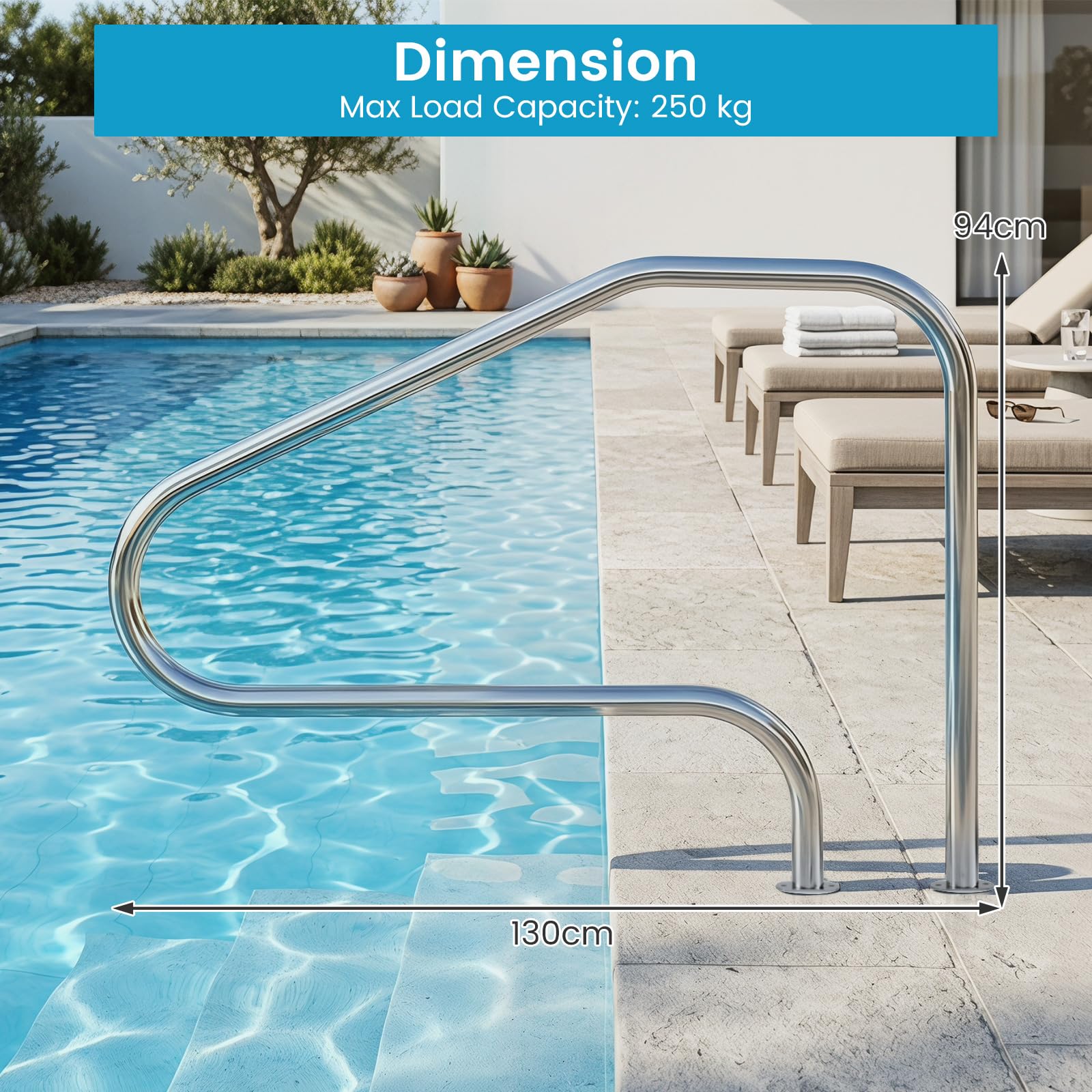 FANTASK Pasamanos de piscina, 130 x 94 cm, acero inoxidable 304, fácil de instalar, mango para piscina empotrada, arco de agarre para piscinas, parque acuático