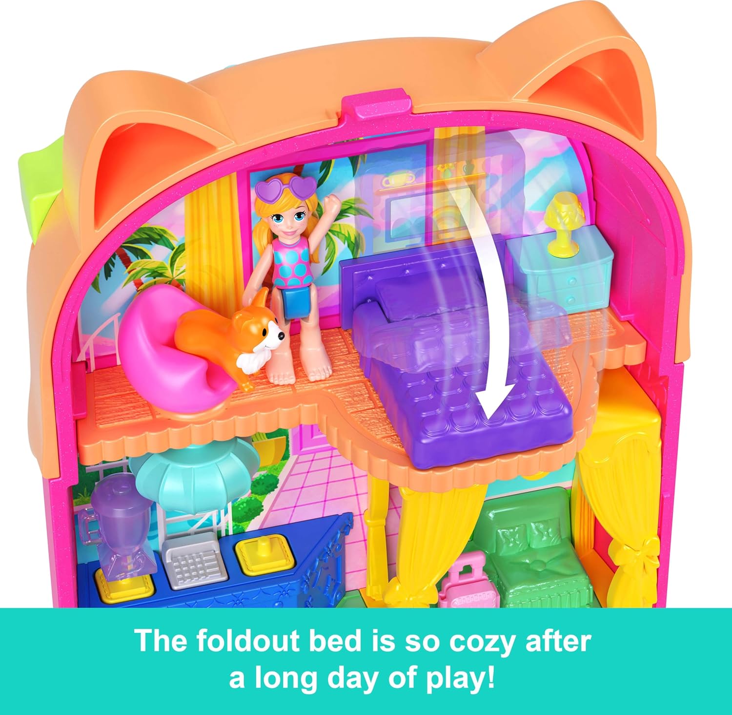 Polly Pocket Dolls and Playset, Kitty Popsicle Resort Compact, Travel Toy with 1 Micro Doll, Pet Puppy & Themed Accessories