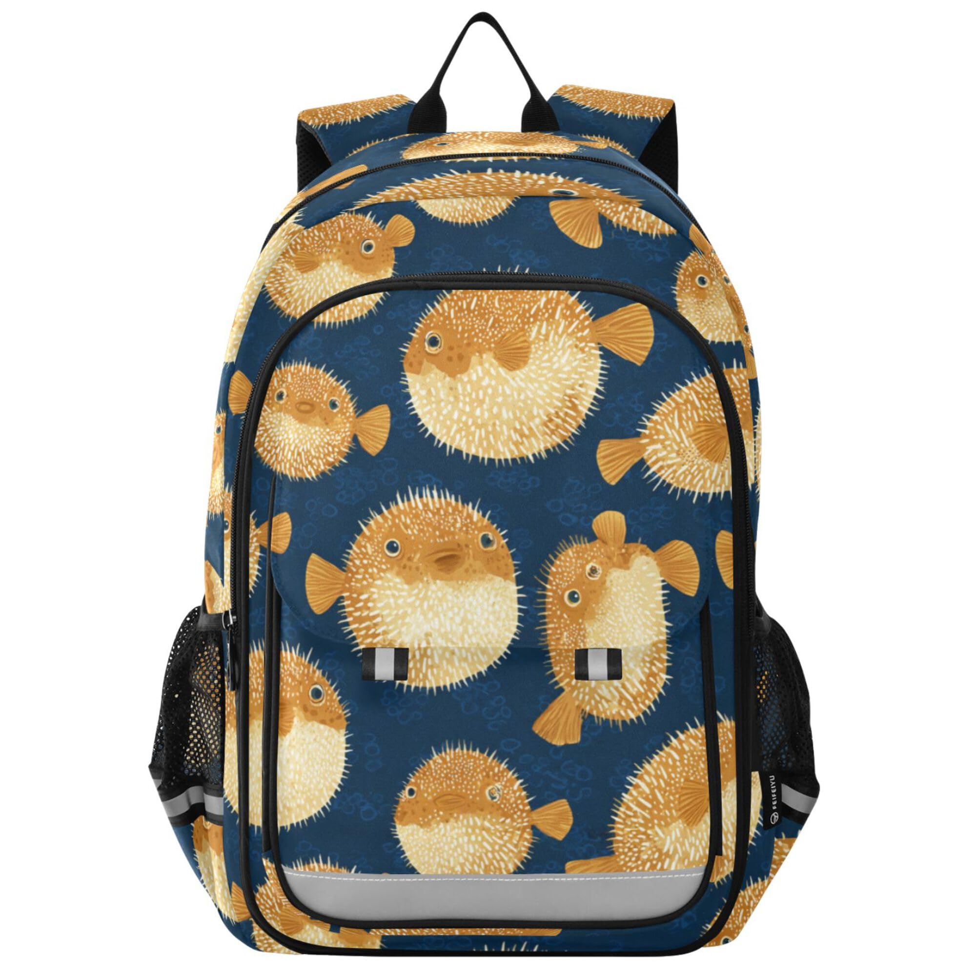 Fisyme Sea Pufferfish Blue School Backpack Laptop Backpacks Bags Bookbag Travel Casual Computer Notebooks Daypacks