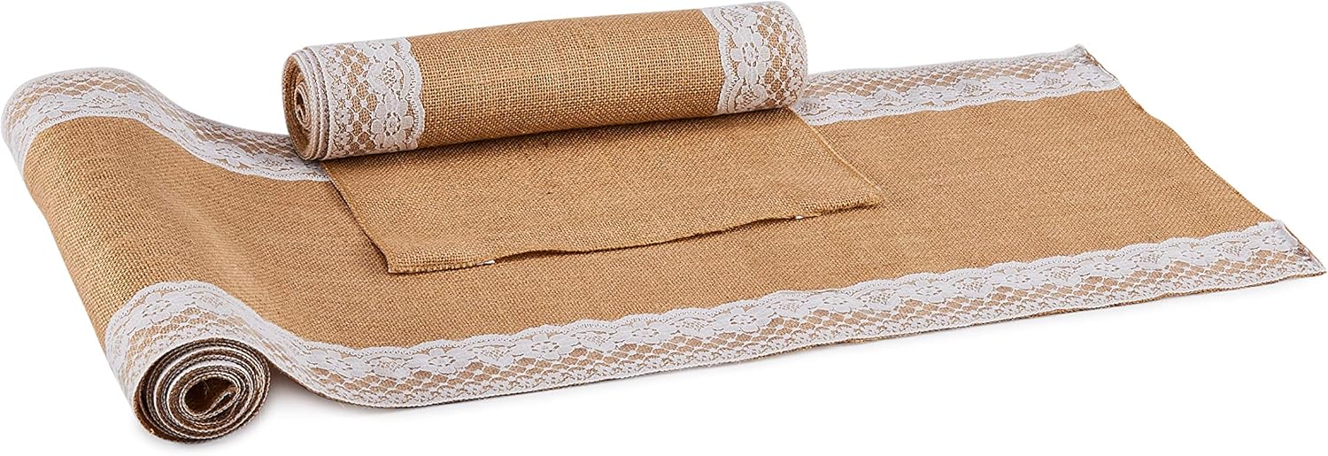 Mothers Day Jute Burlap Table Runner Set - Rustic Ruffle Lace Design - 14-inch Diameter - White Set of 4 for Easter