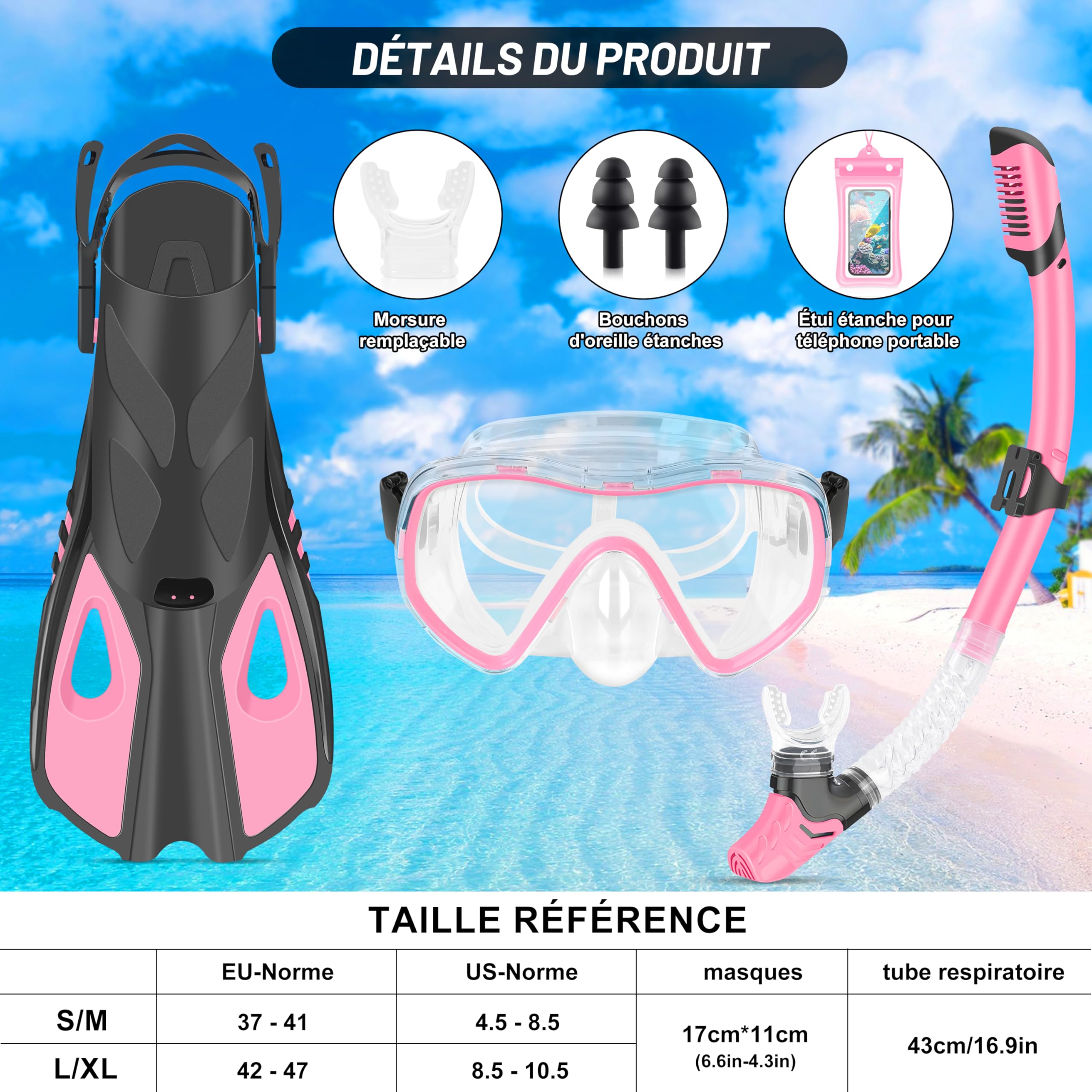 IEEILULU Masque Plongée Anti Buée et Tuba Sec, Kit de Plongée Adulte 7 Pièces avec Palmes Réglables, Pochette Étanche, Bouchons d'oreille, Kits de Randonnée Aquatique pour Homme Femme