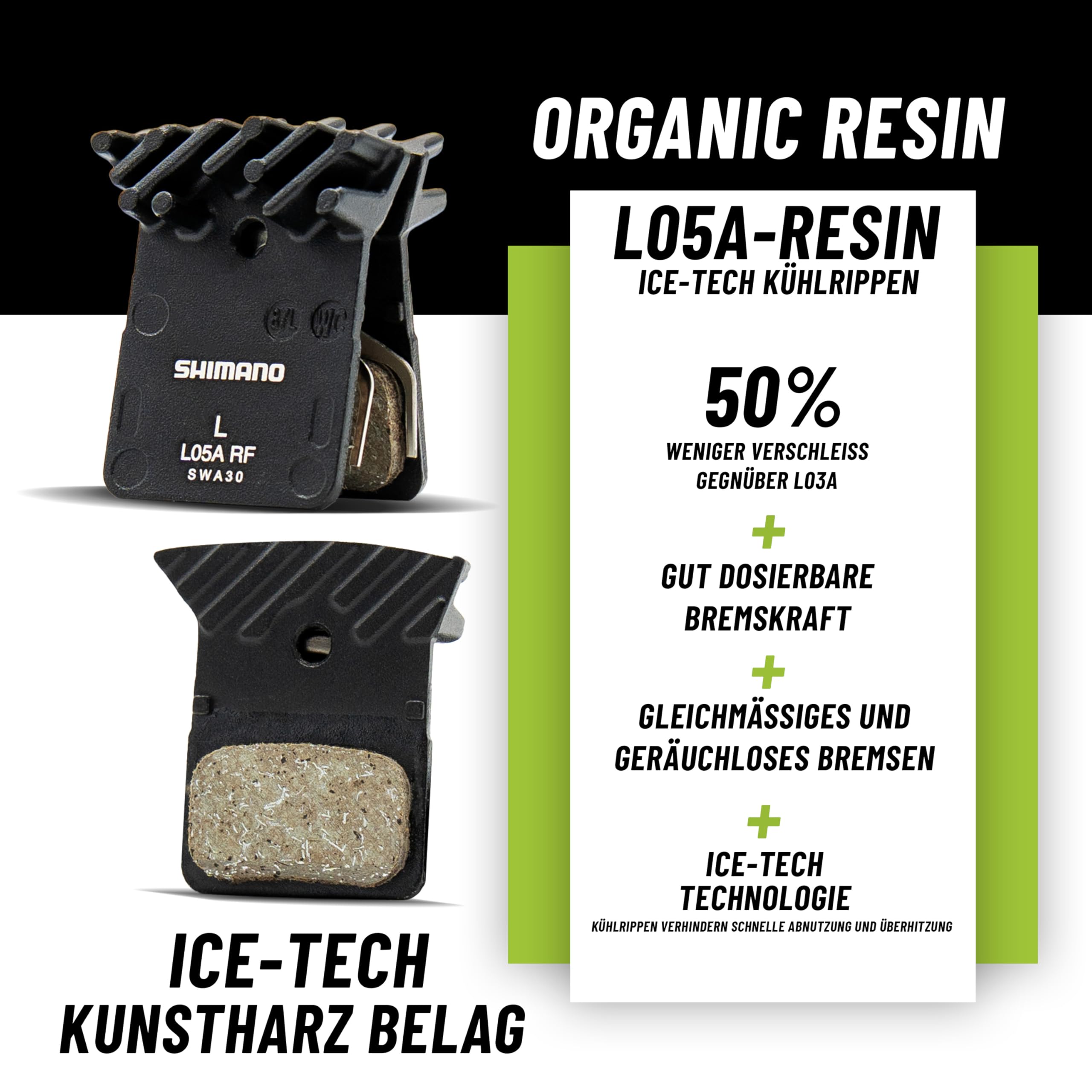 2er Set Shimano Scheibenbremsbelag L05A Resin mit Kühlrippen Nachfolger L03A mit MSZweirad Bleedblock