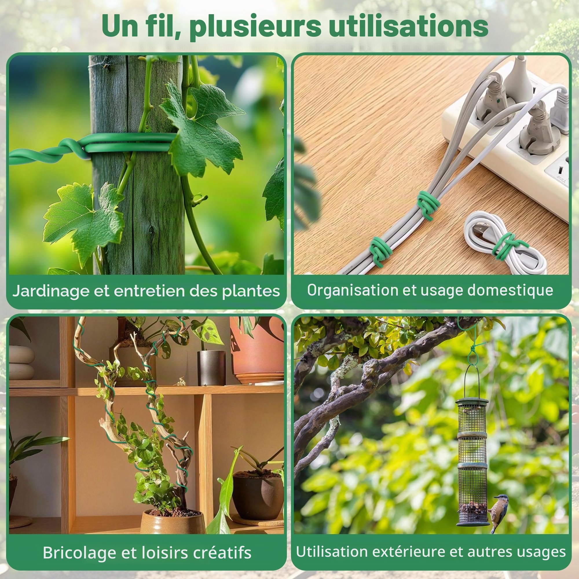 COZCLAM 2 x 20m Fil de Fer Jardin avec Coupe, 3.5mm Fil de Fer Cloture, Fil de Fer Vert de Plastique pour Le Jardinage, Tomates, Fil de Fer Souple Loisir Creatif pour Organiser Les Câbles, Projets
