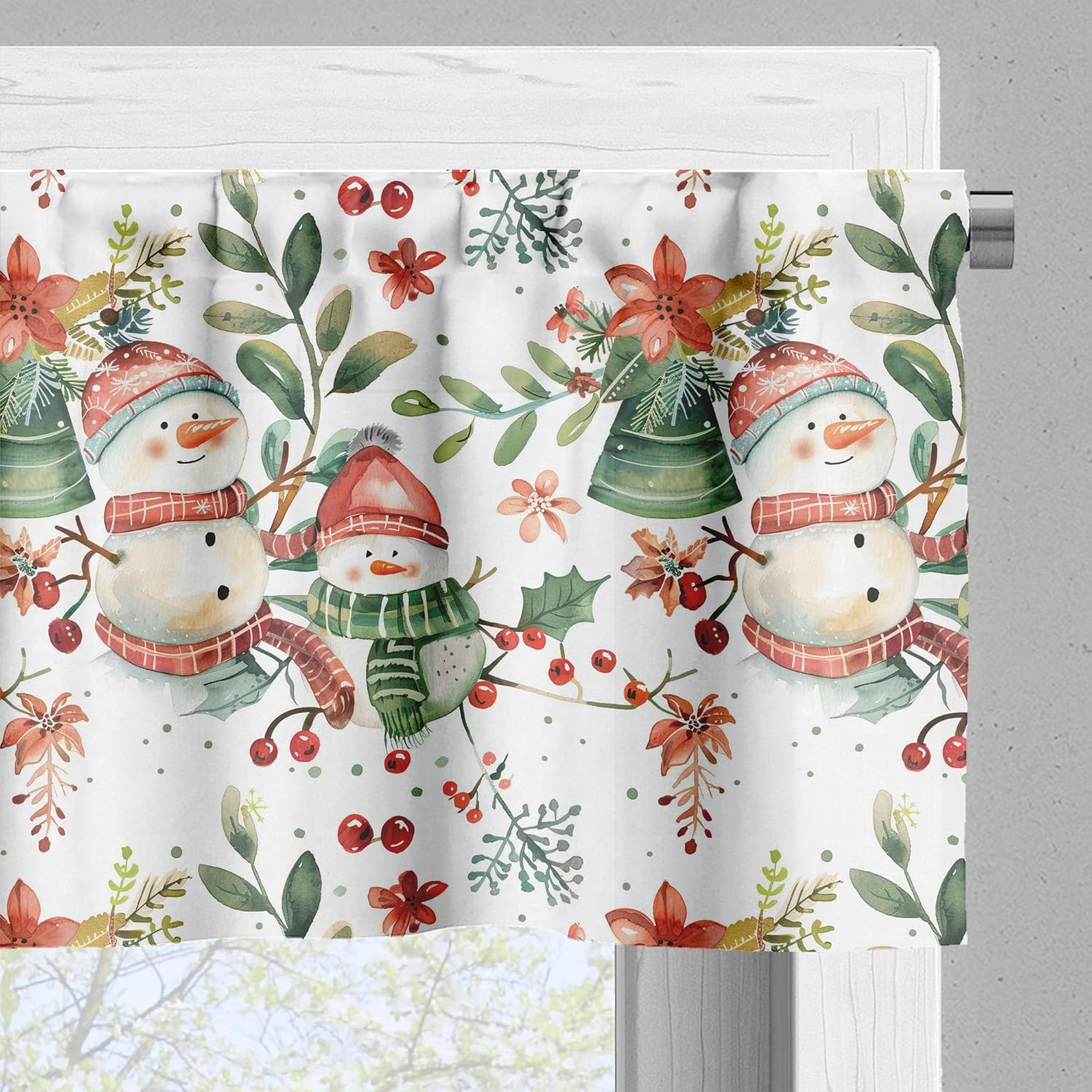 Ambesonne クリスマス飾り布とカーテン3点セット 雪だるまの鈴と葉のメリークリスマスバイブイラストプリント、キッチンルーム装