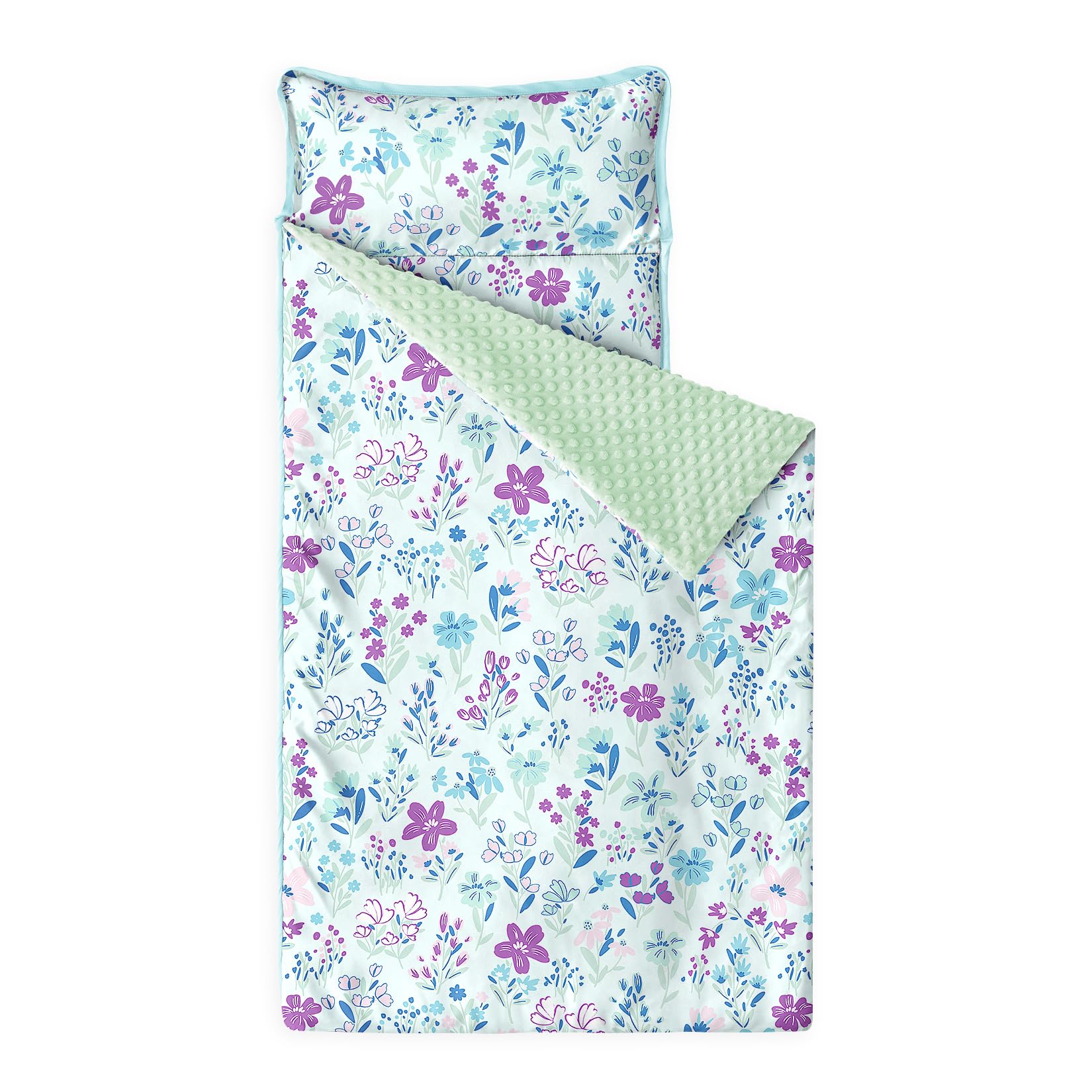 Wake In Cloud - Toddler Nap Mat with Pillow and Minky Fleece Blanket, for Kids Girls Ages 3 Plus in Daycare Preschool Kindergarten, Roll Up Sleeping Bag, Floral Flowers