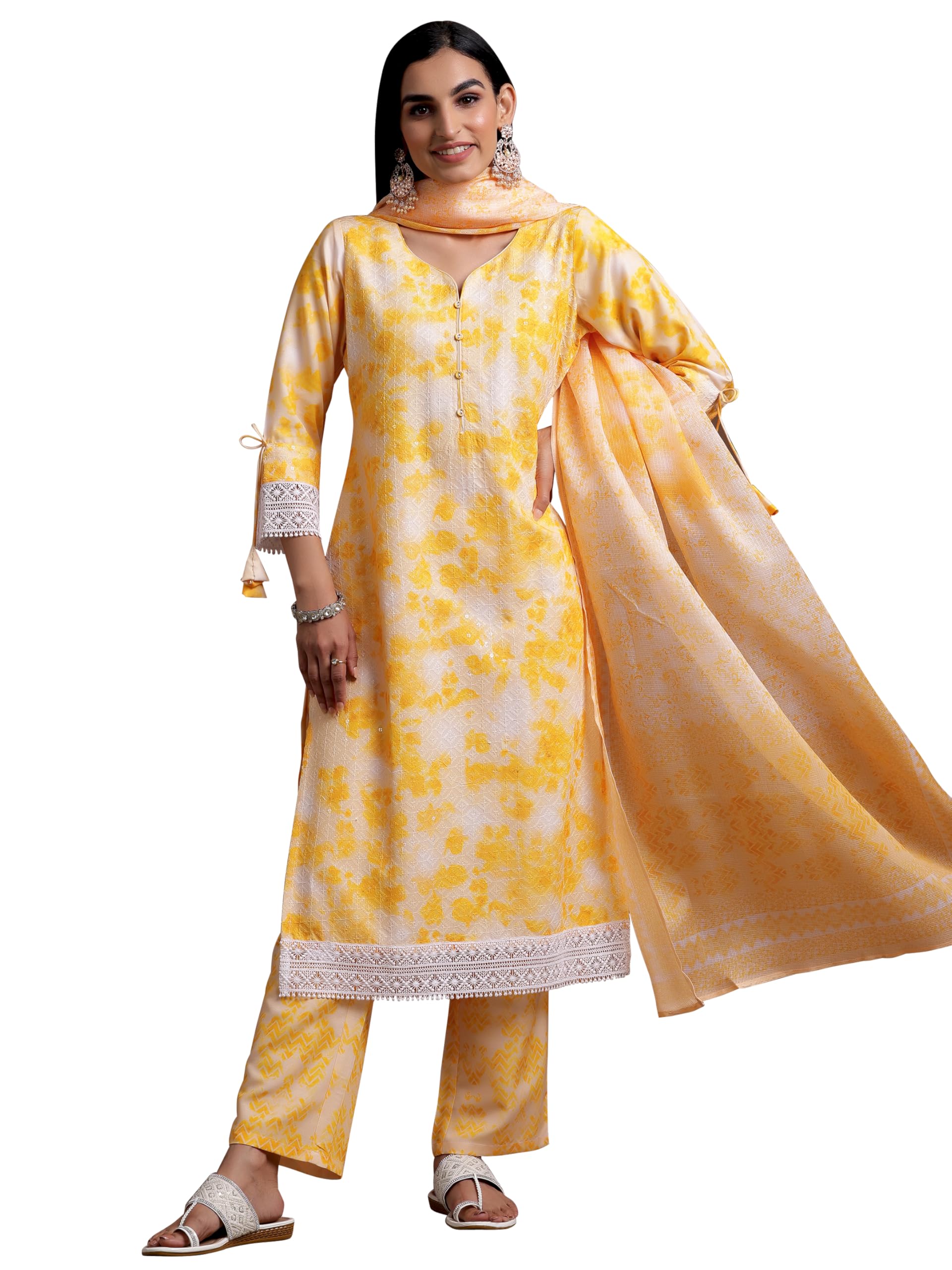gerua by libas Womens Embroidered Cotton Blend Straight Kurta With Palazzos and Dupatta-picture-18