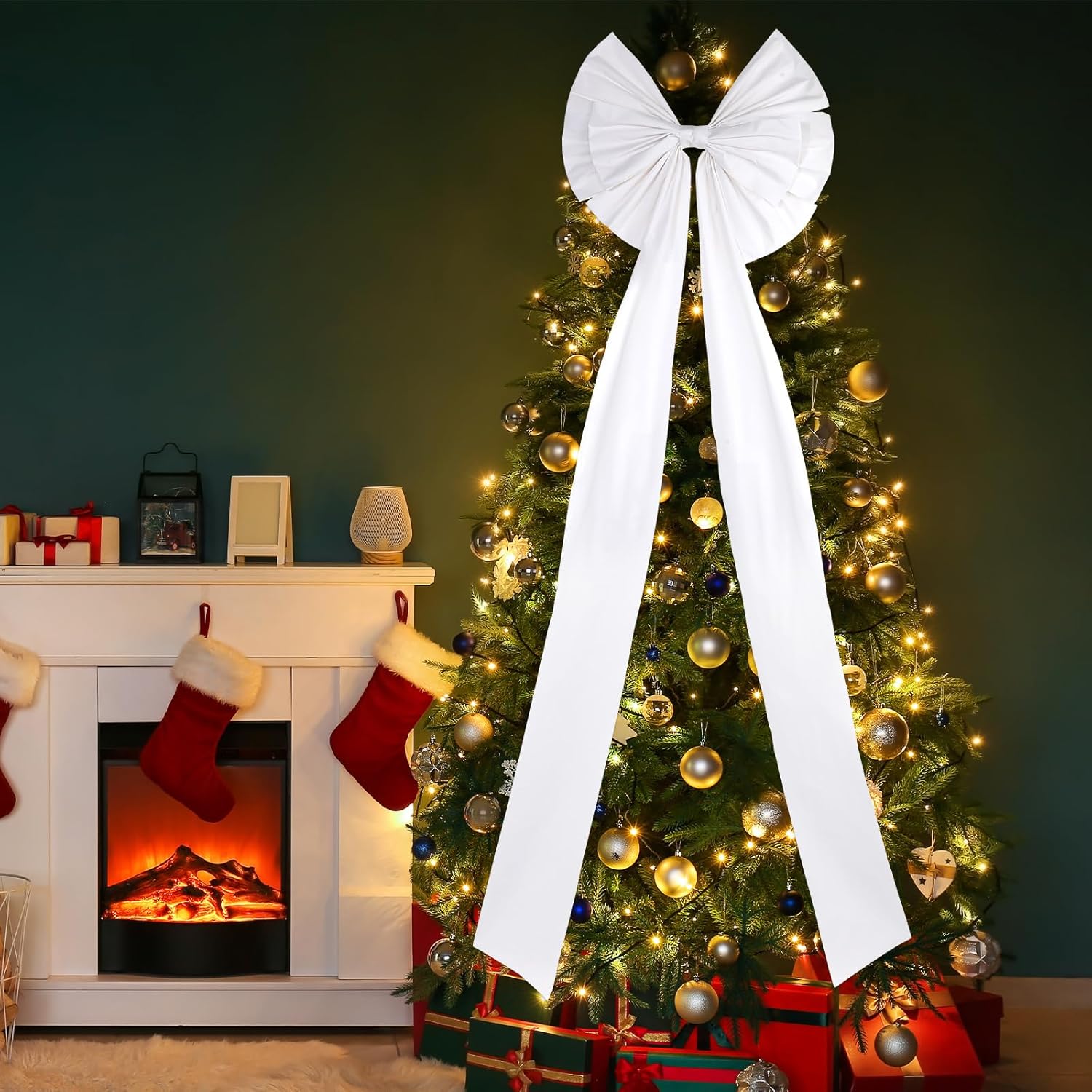 特大クリスマスツリートッパーボウ 71 x 24インチ クリスマスリースリボン 巨大なベルベット装飾リボン 長いストリーマー付き ホ