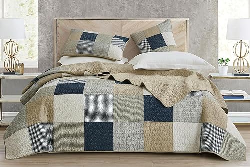 Vista 175 de Chezmoi Collection Samuel Juego de colcha con relleno de cuadros gris pardo, blanco y azul marino, 3 piezas, retales, algodón prelavado, ligero