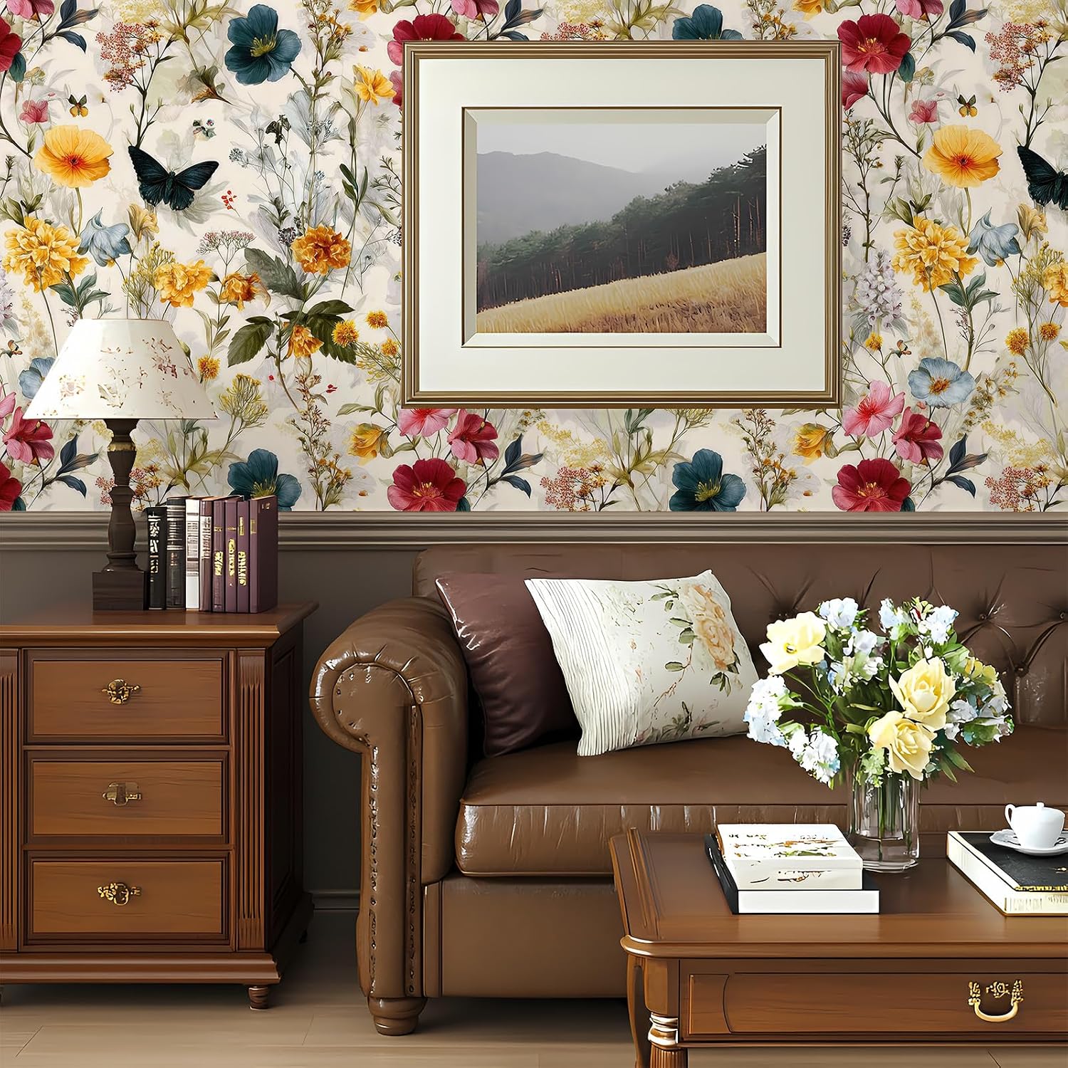 Peel and Stick Moody Vintage Contact Paper Removable Beige Butterfly Floral Wallpaper 17.7" x 236.22" Wall Paper Watercolor Self Adhesive for Classroom Bedroom Laundry Room Bathroom