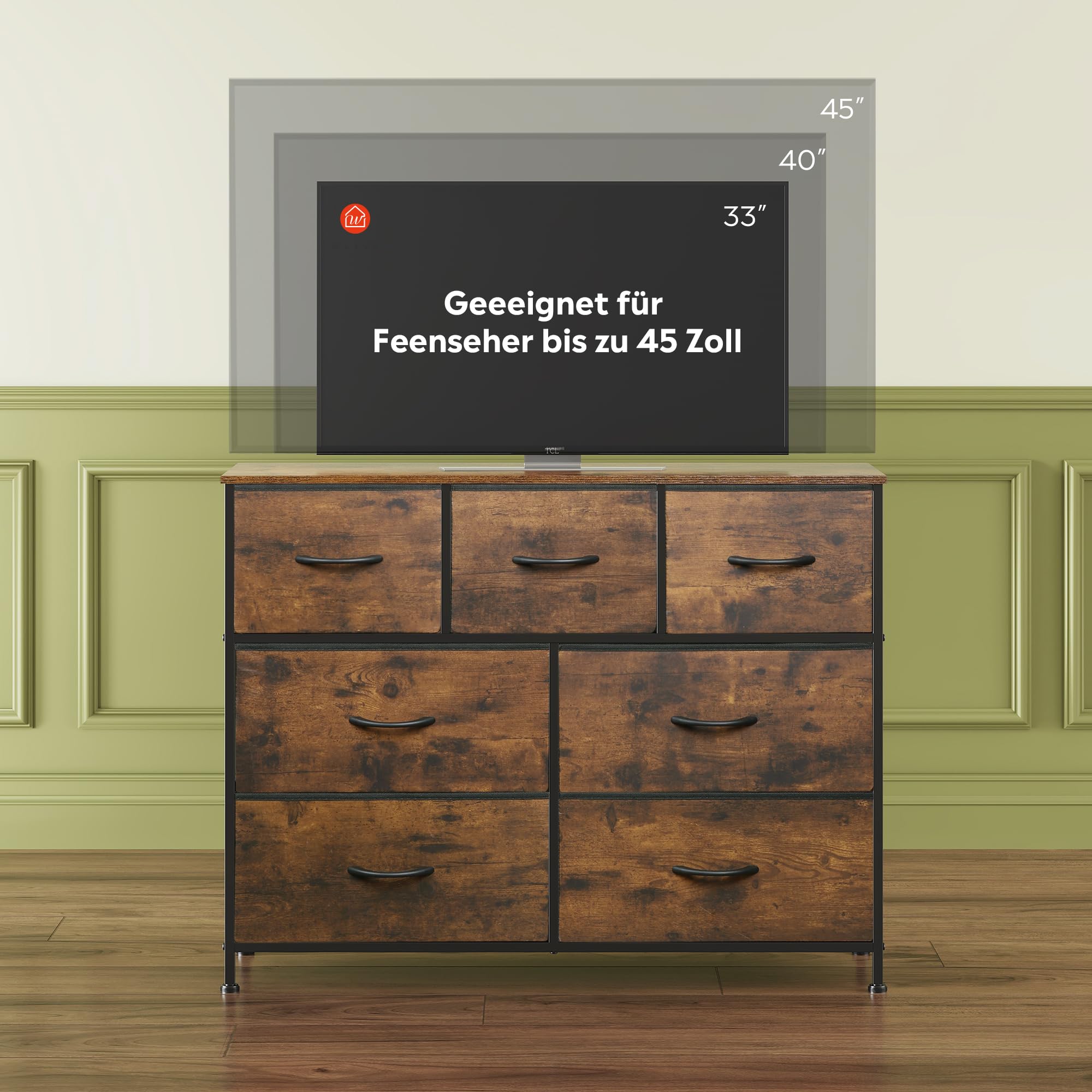 WLIVE Kommode mit Schubladen aus Stoff, Kommodenschrank für Schlafzimmer, Kommode Wohnzimmer, mit Stabiler Stahlrahmen (Vintagebraun-Schwarz, 7 Schubladen)