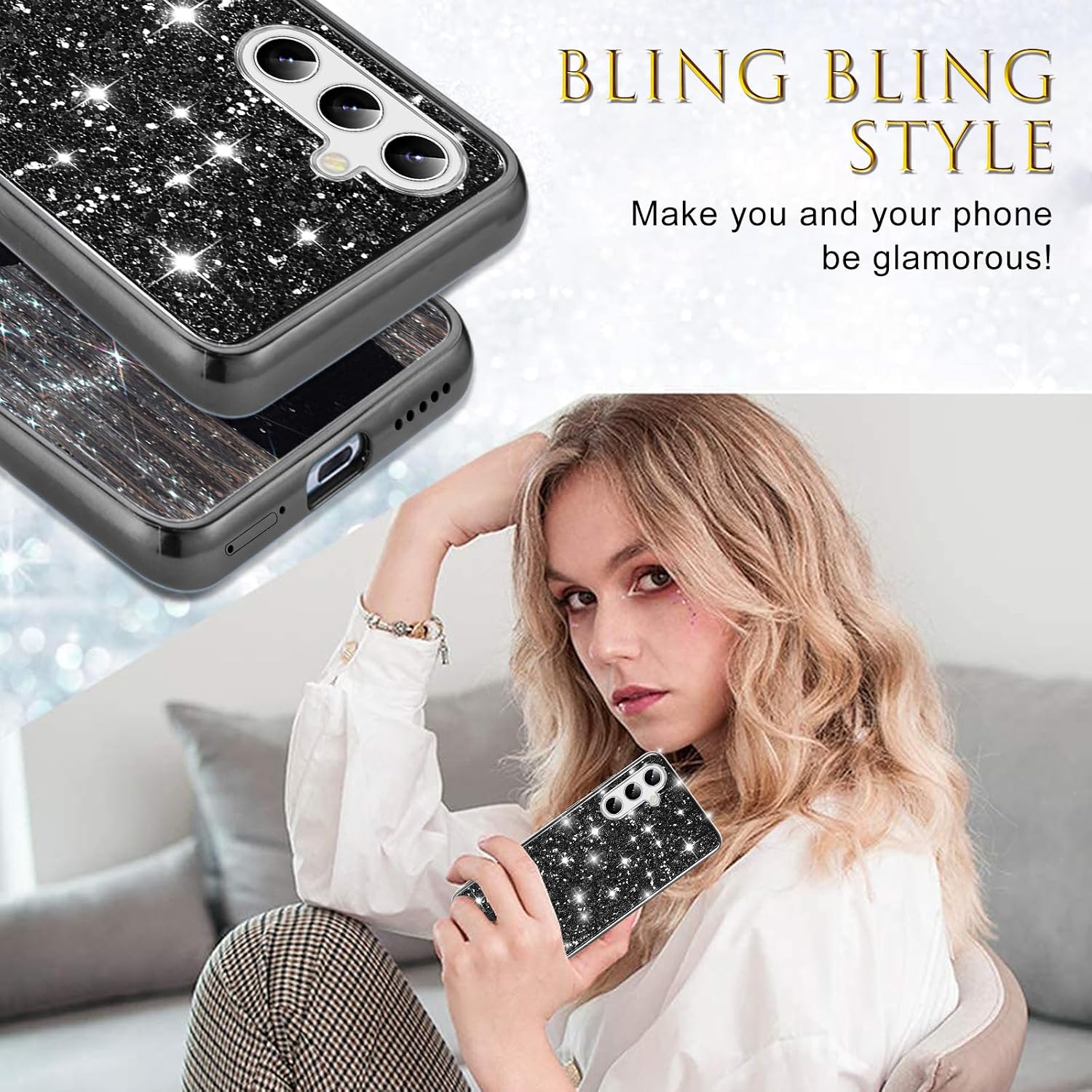 Silicone Case for Samsung Galaxy S25 Plus 5G Case Glitter Sparkle Bling, Hybrid Matte Back Case High Impact Heavy Duty Shockproof Protective Cover for Samsung S25 Plus Cute Case for Women (Black)