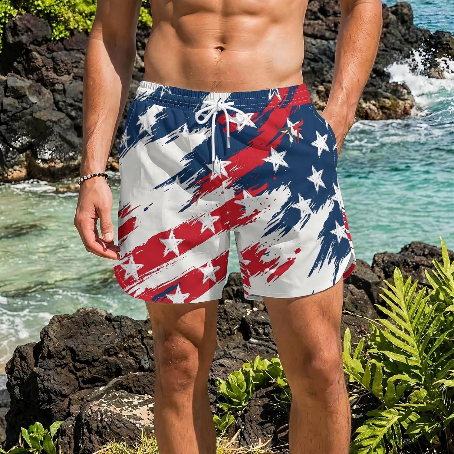 Men's National Swim Trunks Quick Dry Board Shorts with Compression Liner Casual Bathing Suit for Beach Vacation Surfing Party