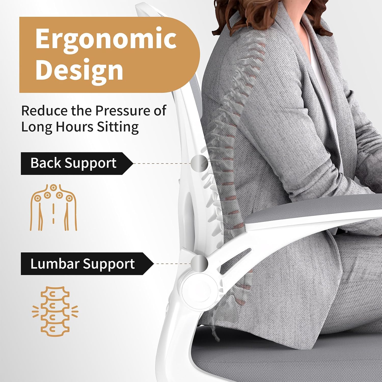 Youhauchair Mesh Office Chair, Ergonomic Home Office Desk Chairs with Flip-up Arms and Lumbar Support, Height Adjustable, Grey