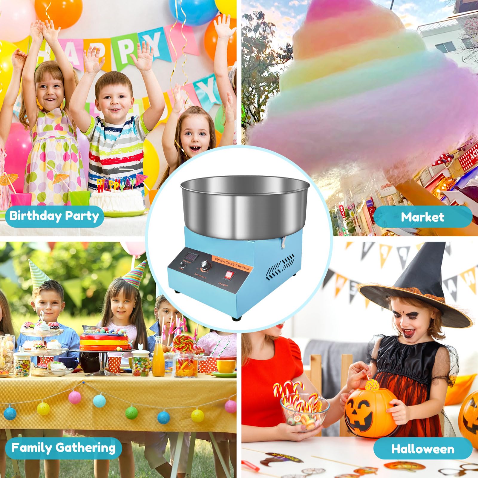 Machine à Barbe à Papa, Acier Inoxydable, 1000 W, Appareil à Barbe à Papa Commercial, Cotton Candy Machine pour Fêtes Foraines, Anniversaires et Événements, bleu