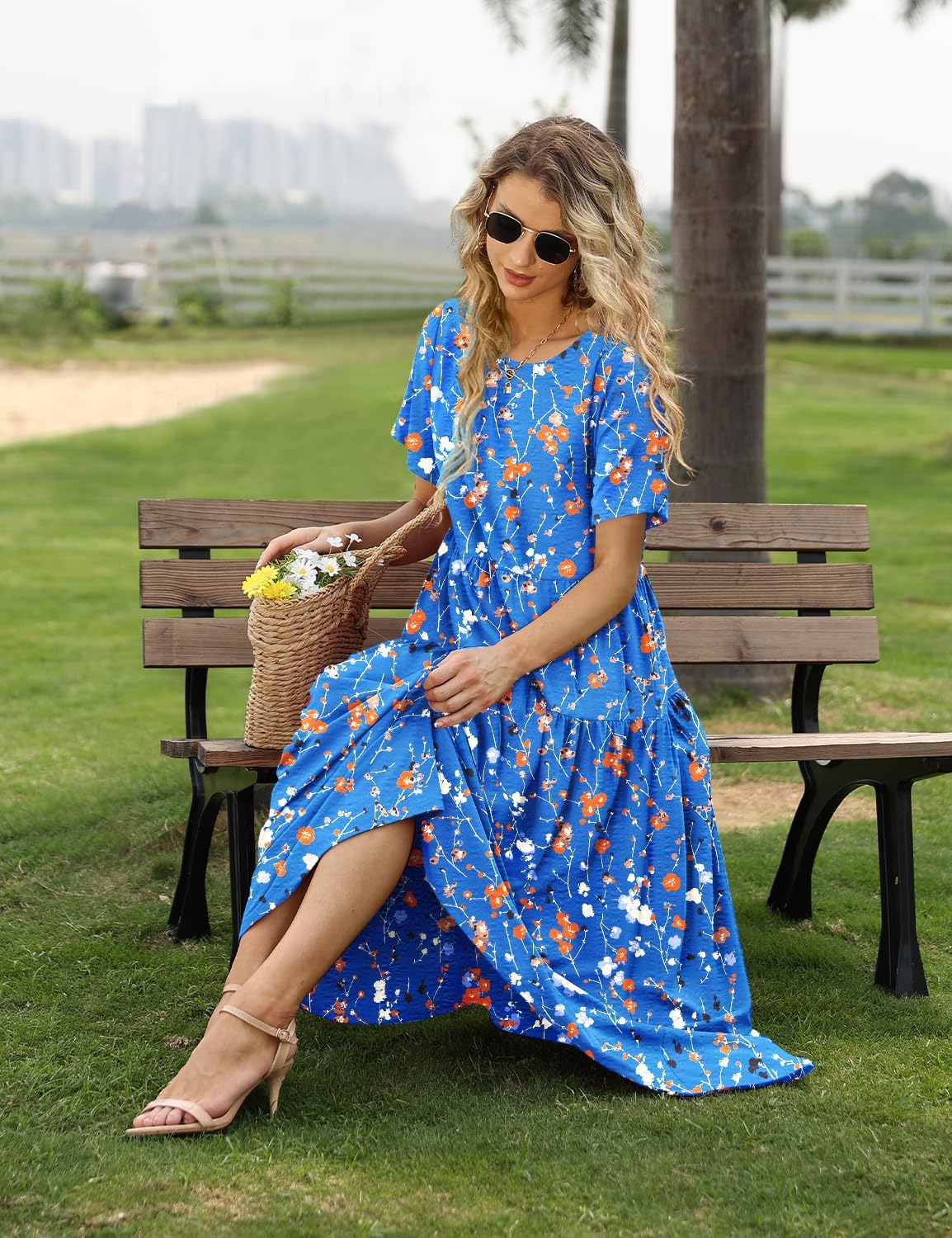  Women Casual Loose Bohemian Floral Dress with Pockets Short Sleeve Long Maxi Summer Beach Swing Dress EJF thumbnail