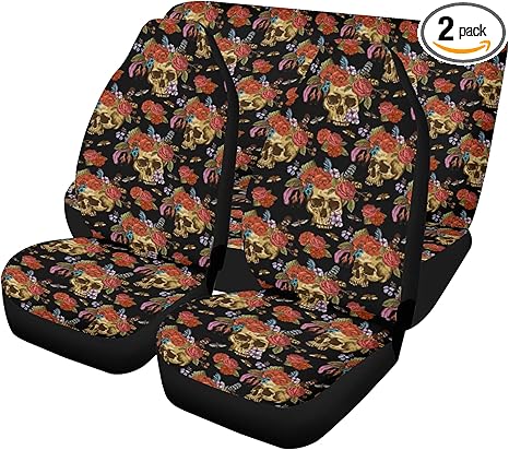 Dia de Los Muertos Sugar Skull Car Seat Covers and Floor Mats – Vibrant Calaveras Skeleton Auto Interior Protection for Bright Mexican-Style Seat and Carpet Décor (2pcs Front seat Covers)