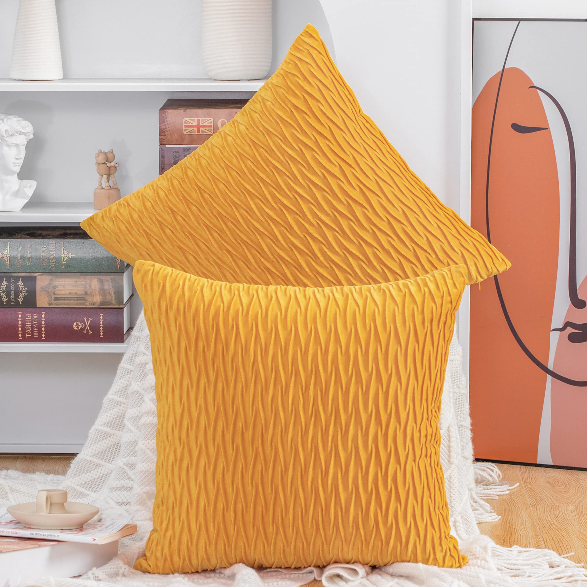 Madizz 2 Pezzi Federe In Velluto Copricuscini Morbido Decorativo Fodere Per Cuscino Lusso Stile Per Divano Camera Da Letto Giallo Quadrate 45X45 Cm-image