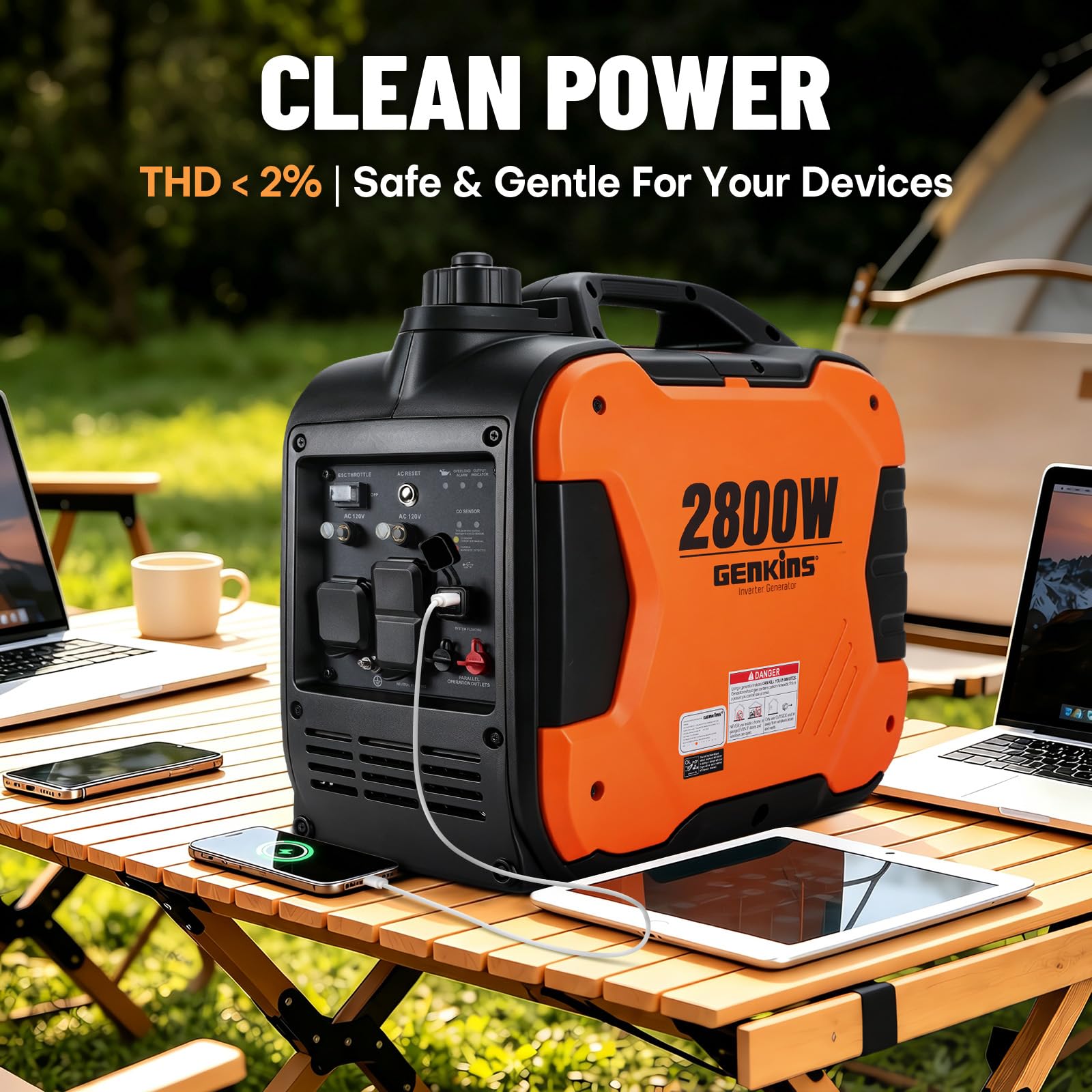 GENKINS Générateur onduleur portable 2300 W ultra silencieux alimenté au gaz, prêt pour caravane, compatible avec CARB EPA, expédition dans 50 États et Porto Rico