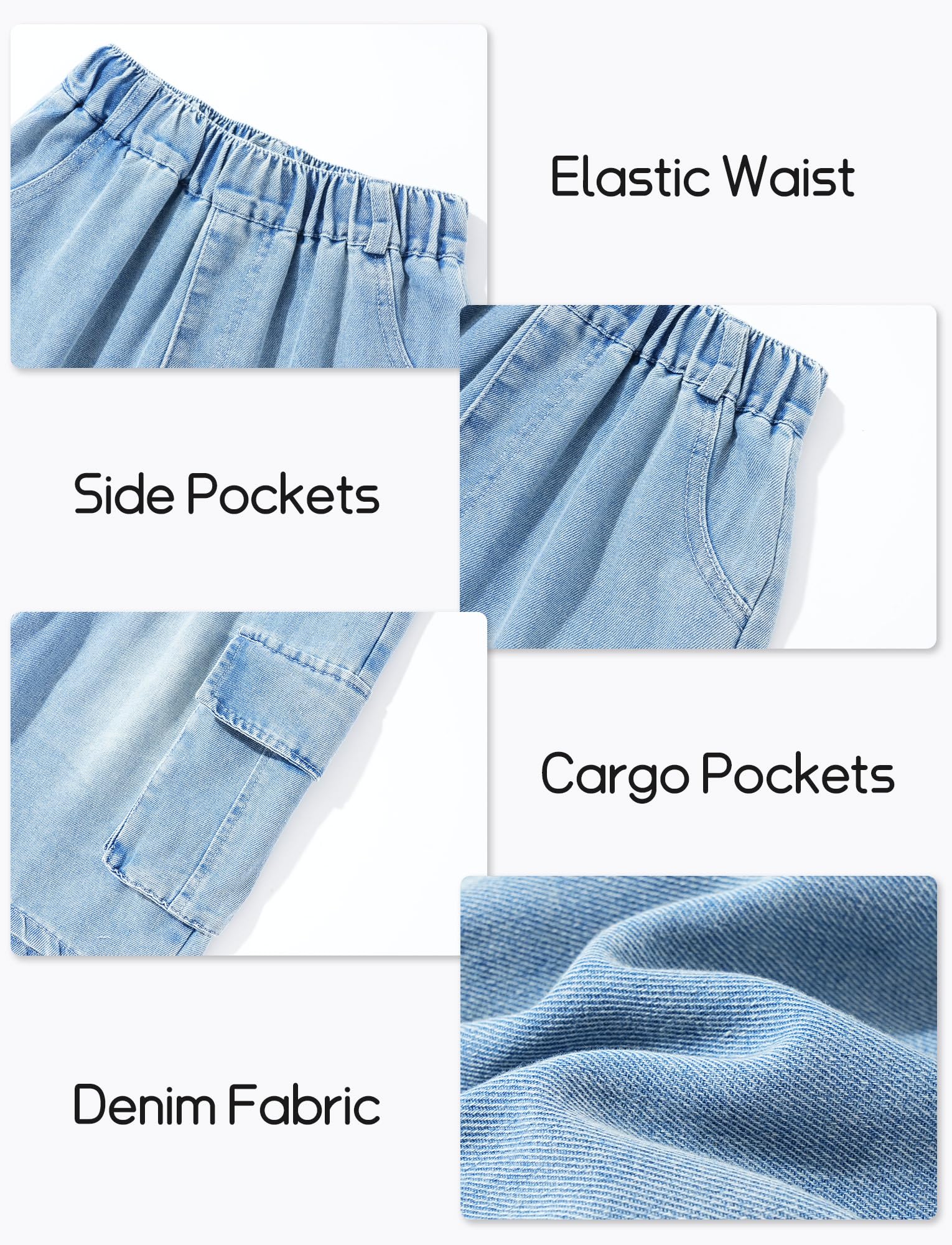 SEAUR Short Baggy Garçon Cargo Enfant Jean Été Taille Élastique Denim Pantalon Court Ado Bermudas Respirant avec Poches 5-15 Ans