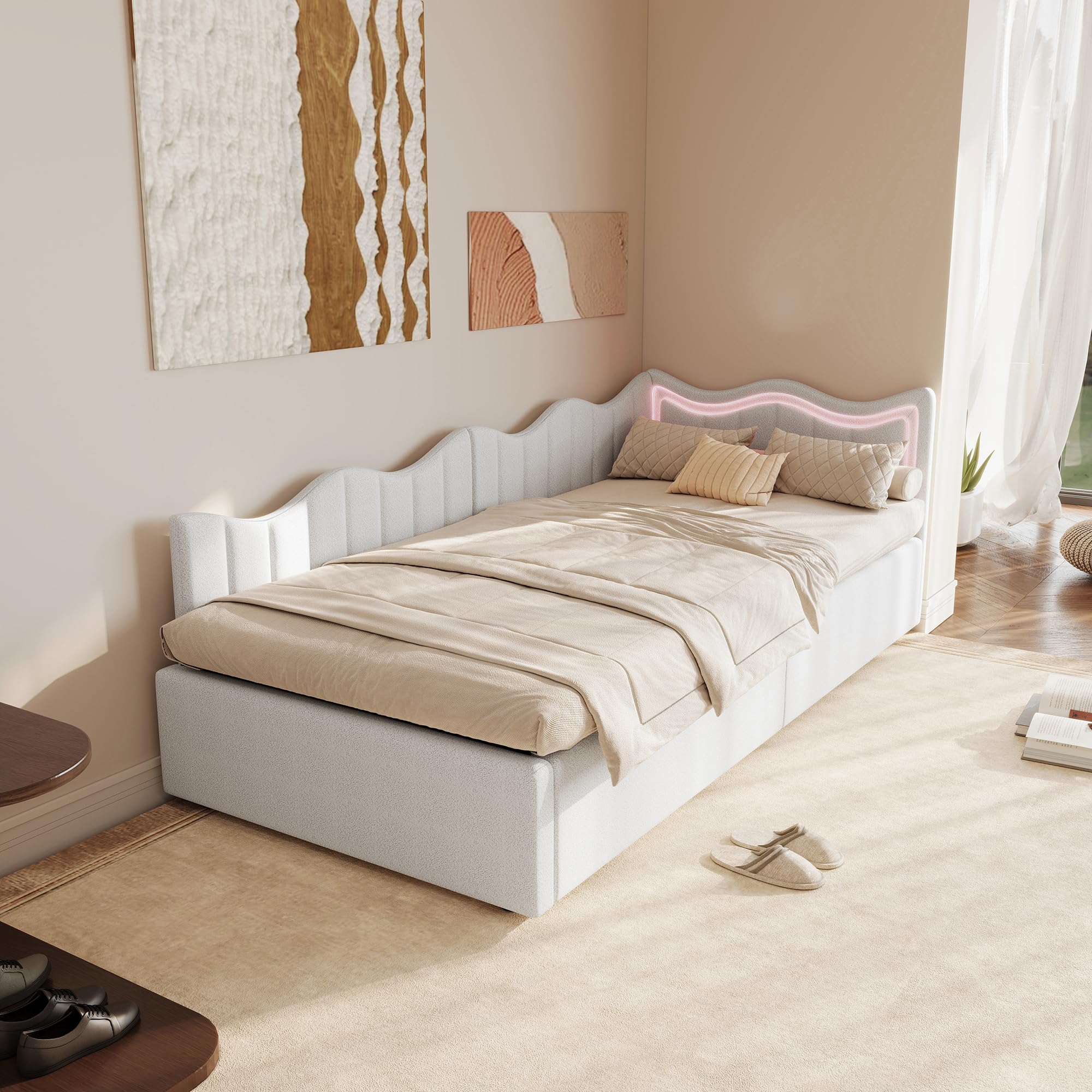 Polsterbett 90x200 mit Stauraum und LED-Beleuchtung, Einzelbett mit Wellenförmigem Kopfteil, Teddy-Fleece Jugendbett mit Lattenrost & Gasdruckfeder für Mädchen & Jungen, Weiß