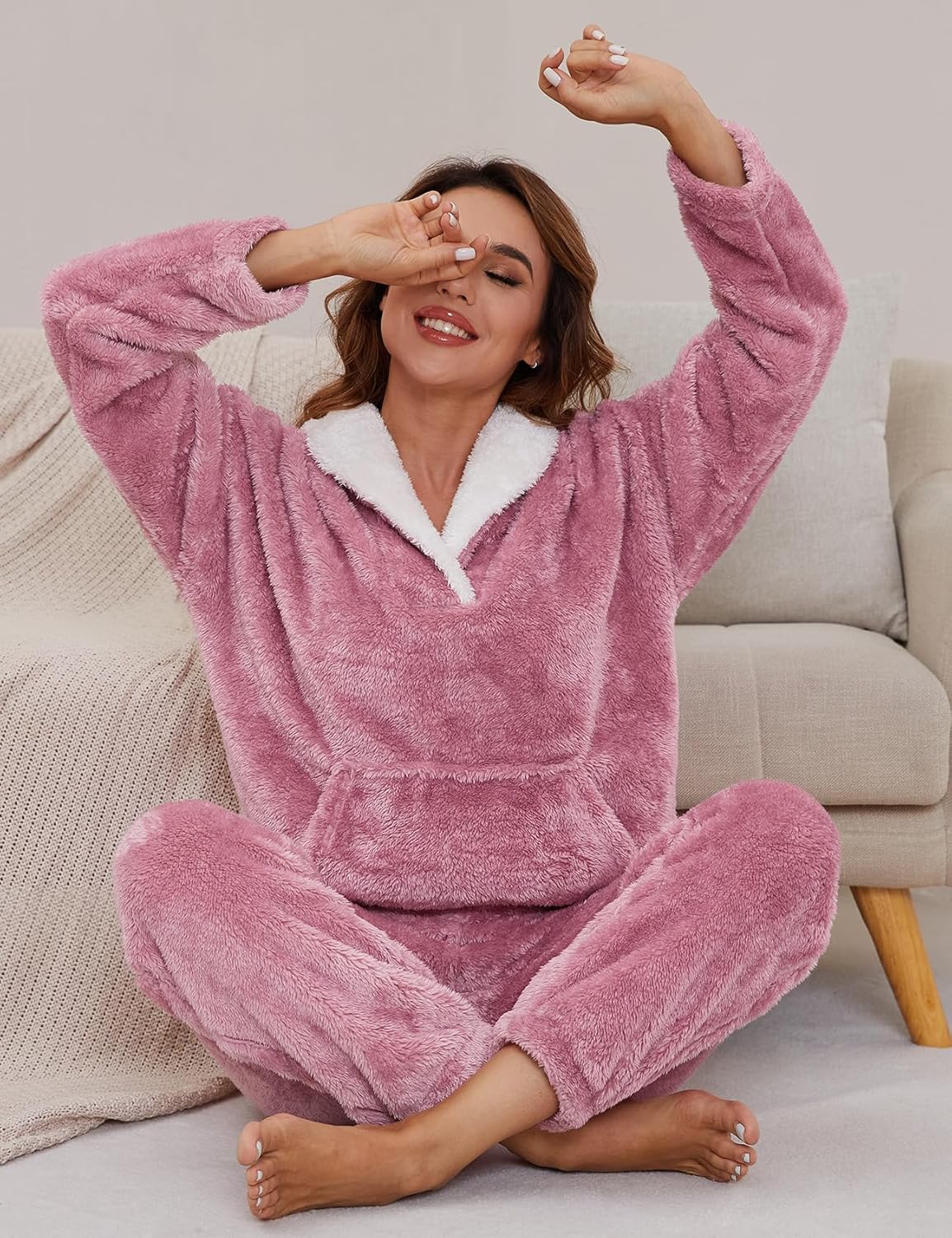 Women's Fluffy Fuzzy Pajamas Set Winter Warm Loose Plush Fleece PJS Lounge Pullover Pants Sets Cozy Sleepwear - Image 2