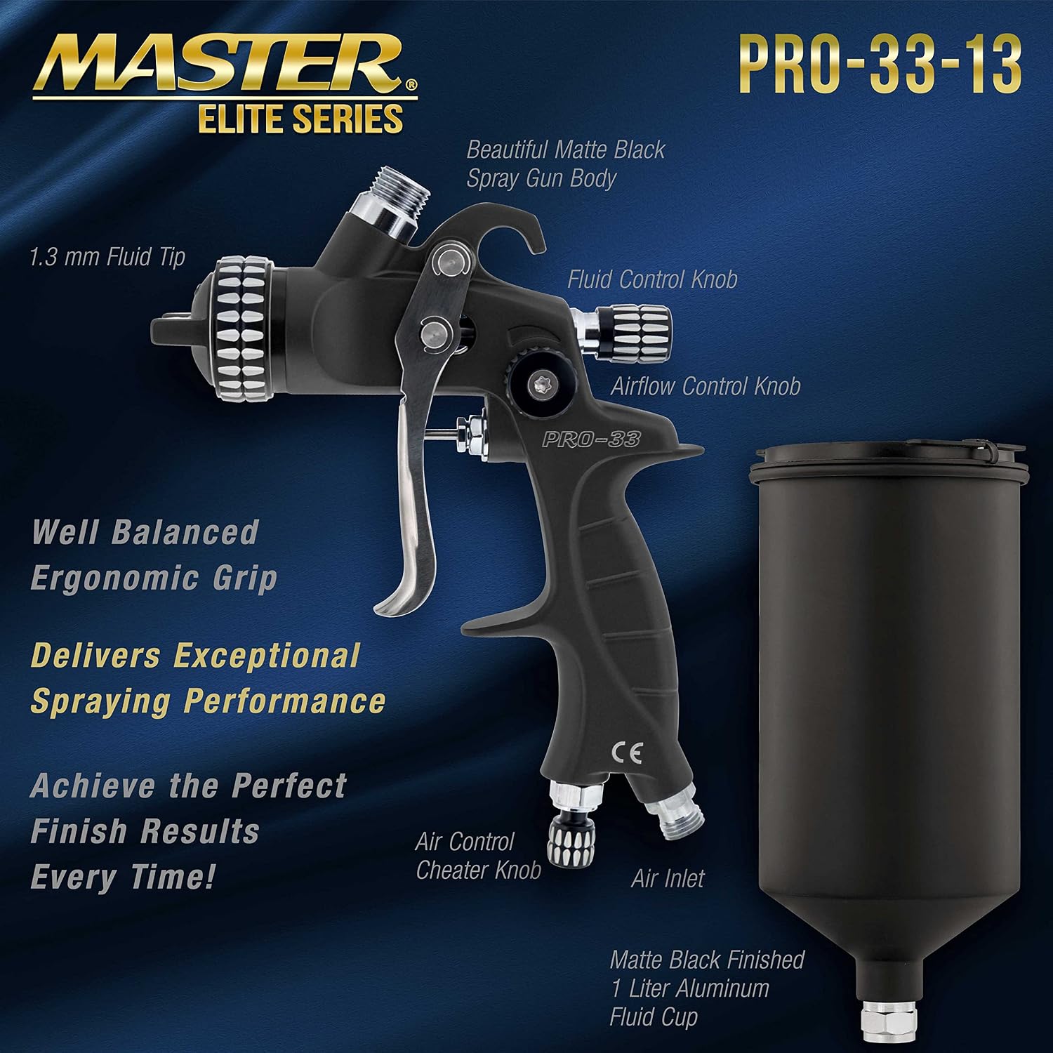 Master Elite High Performance PRO-33 HVLP Paint Sprayer Gun with 1.3mm Tip, 1L Cup, Regulator Gauge, MPS Adapter - Automotive Spray Paint Gun for Automotive Basecoats, Clearcoats & Industrial Coatings