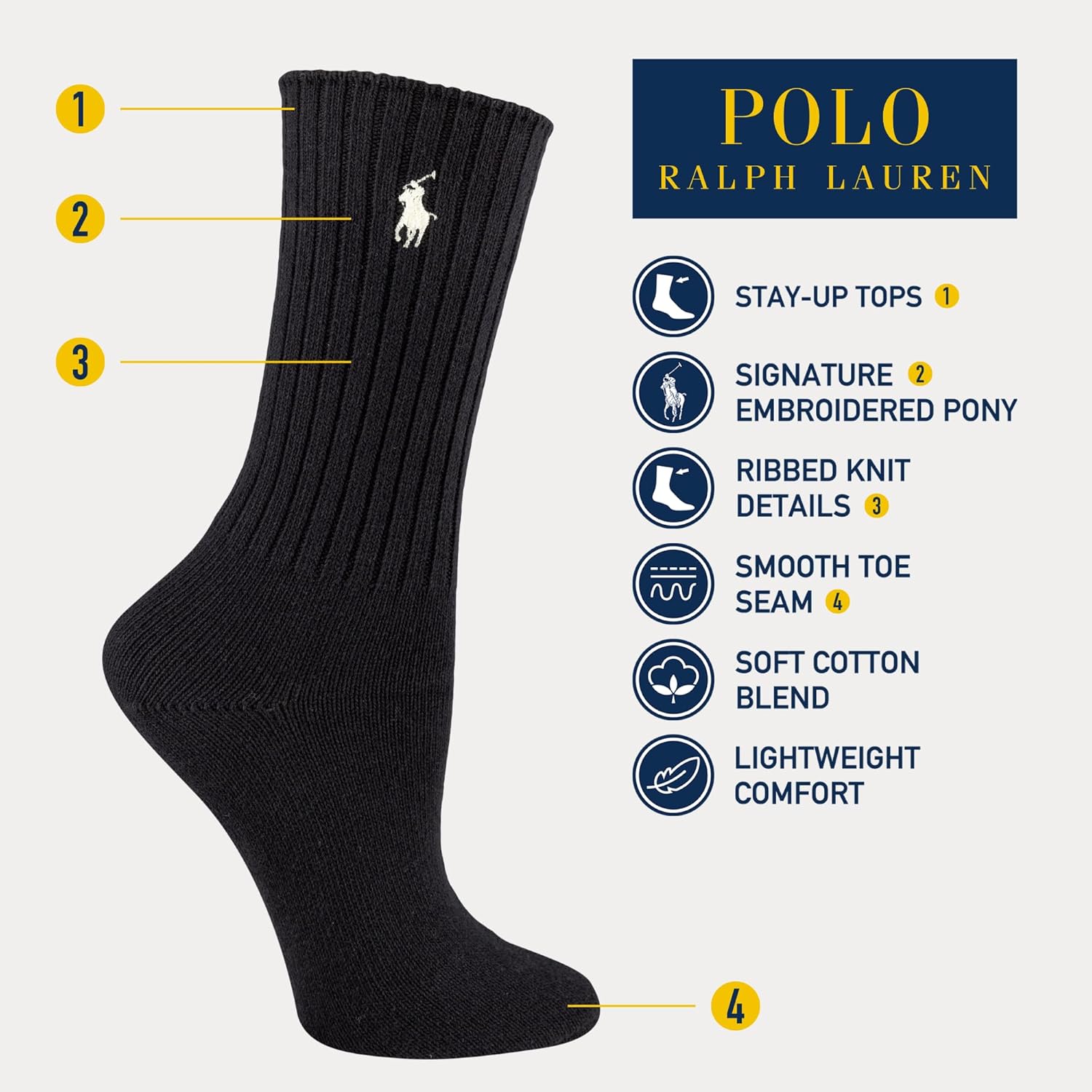 POLO RALPH LAUREN Women's Casual Solid Color Crew Socks (1-Pair) - Image 4