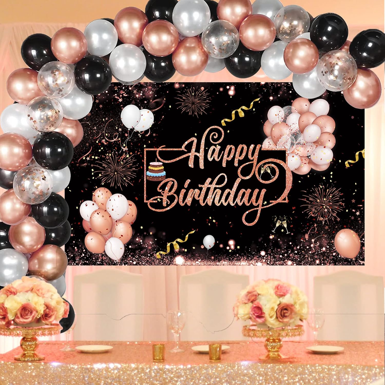 Rose Gold Black Happy Birthday Extra Large Background Banner with 50pcs Metallic Shiny Latex Balloons for Birthday Party Backdrop Decoration Supplies