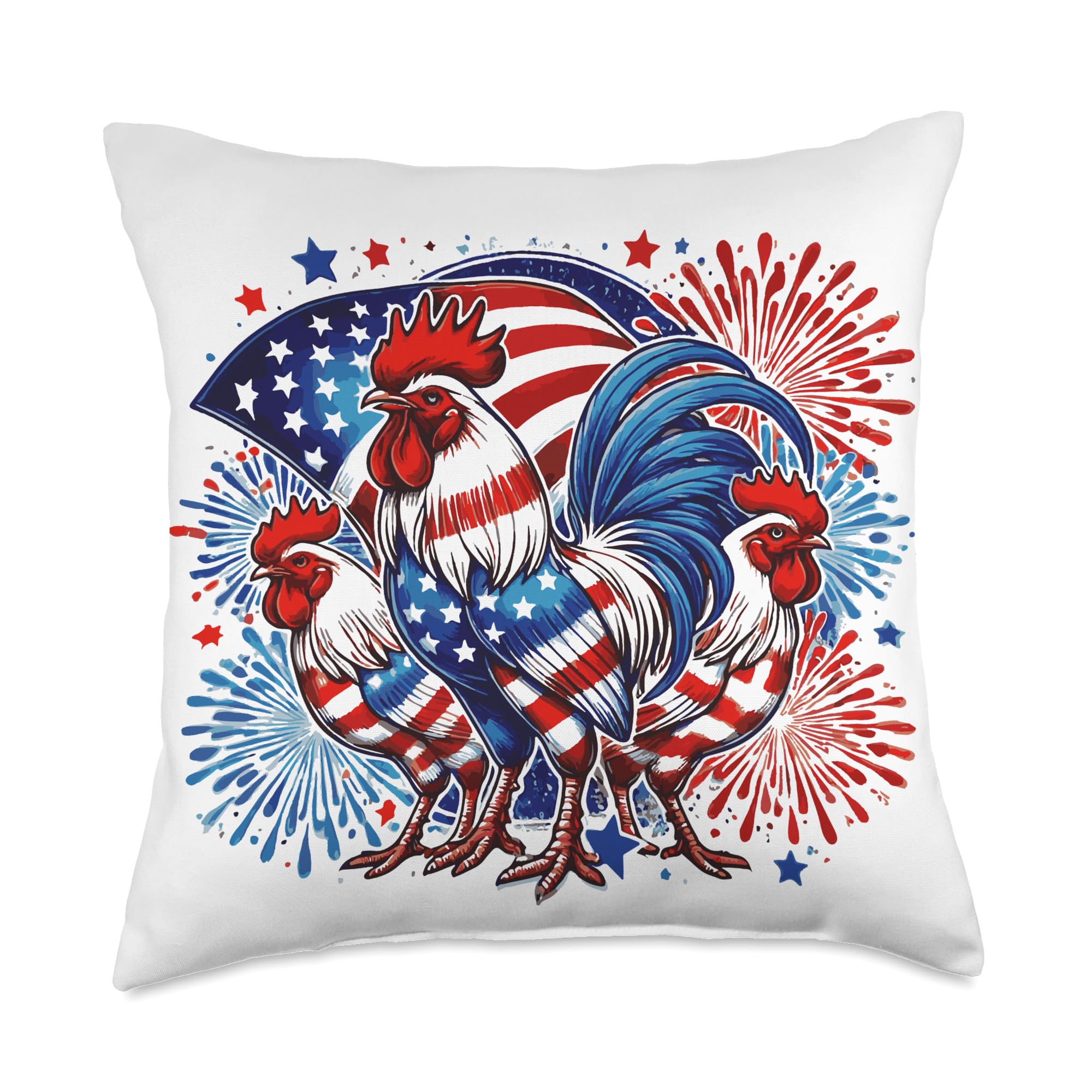 Chicken American Flag Patriotic Rooster Hen July 4 Fireworks Throw Pillow