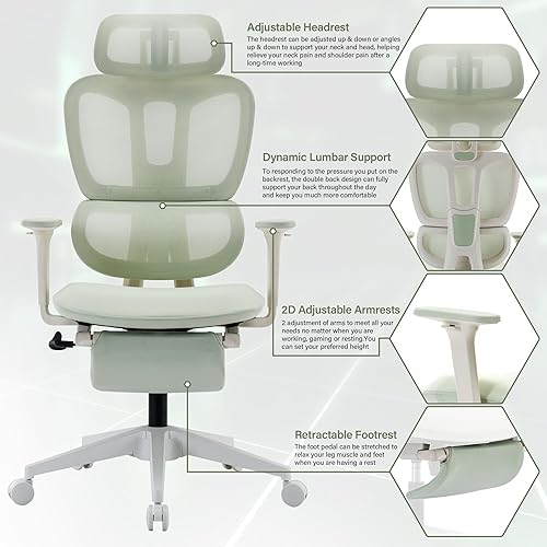 Miniatura 5 de Silla de oficina ergonómica con reposapiés, silla de oficina de computadora con respaldo alto con soporte lumbar dinámico, reposacabezas 2D,