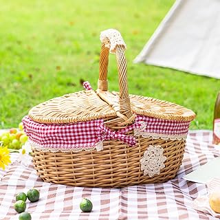 Cesta de picnic al aire libre, cesta de picnic de mimbre, con tapa y asa, forro decorativo para cosecha de jardín, para senderismo, bodas, jardín, organización del hogar, camping
