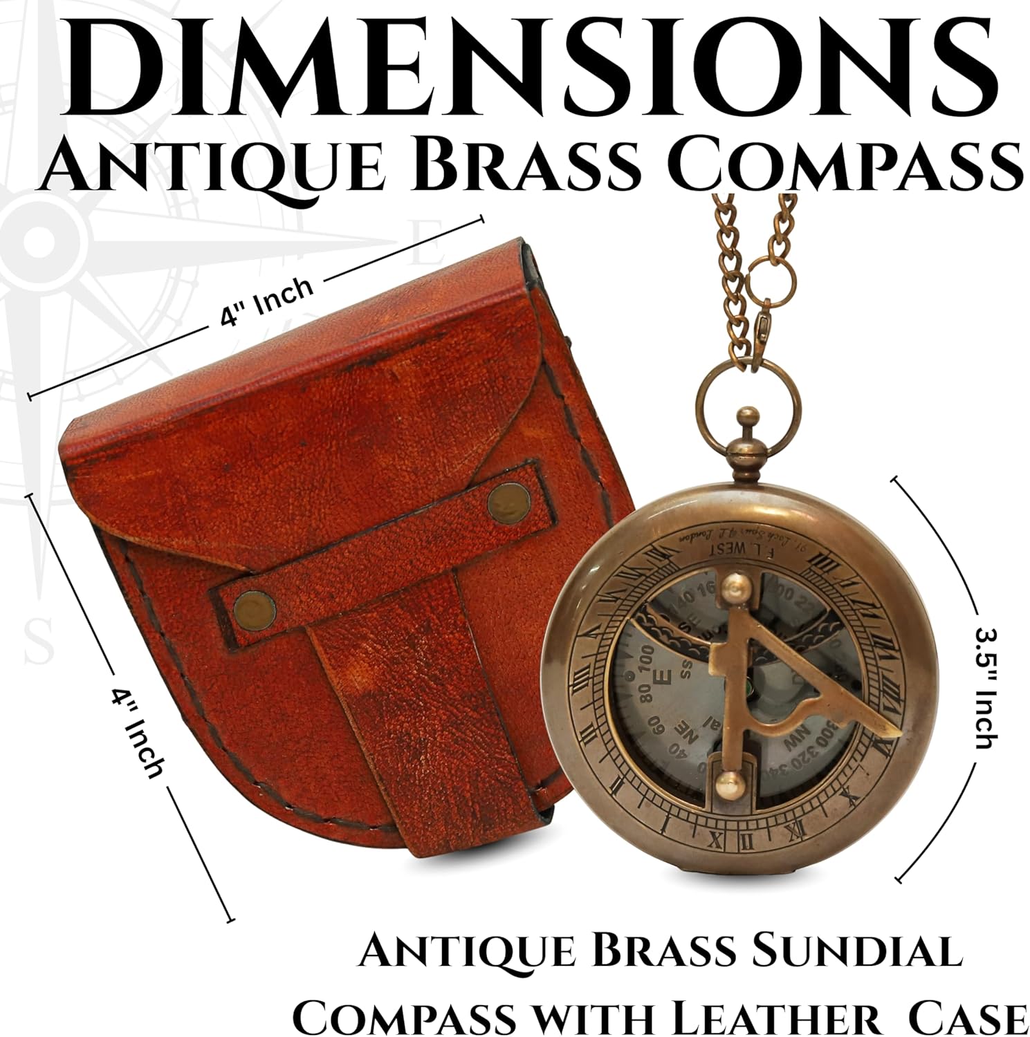 Antique Brass Sundial Compass with Leather Case – Handcrafted Vintage Compass with Roman Numerals, Functional Sun Dial, Collectible Nautical Gift for Travelers, Explorers & Home Décor