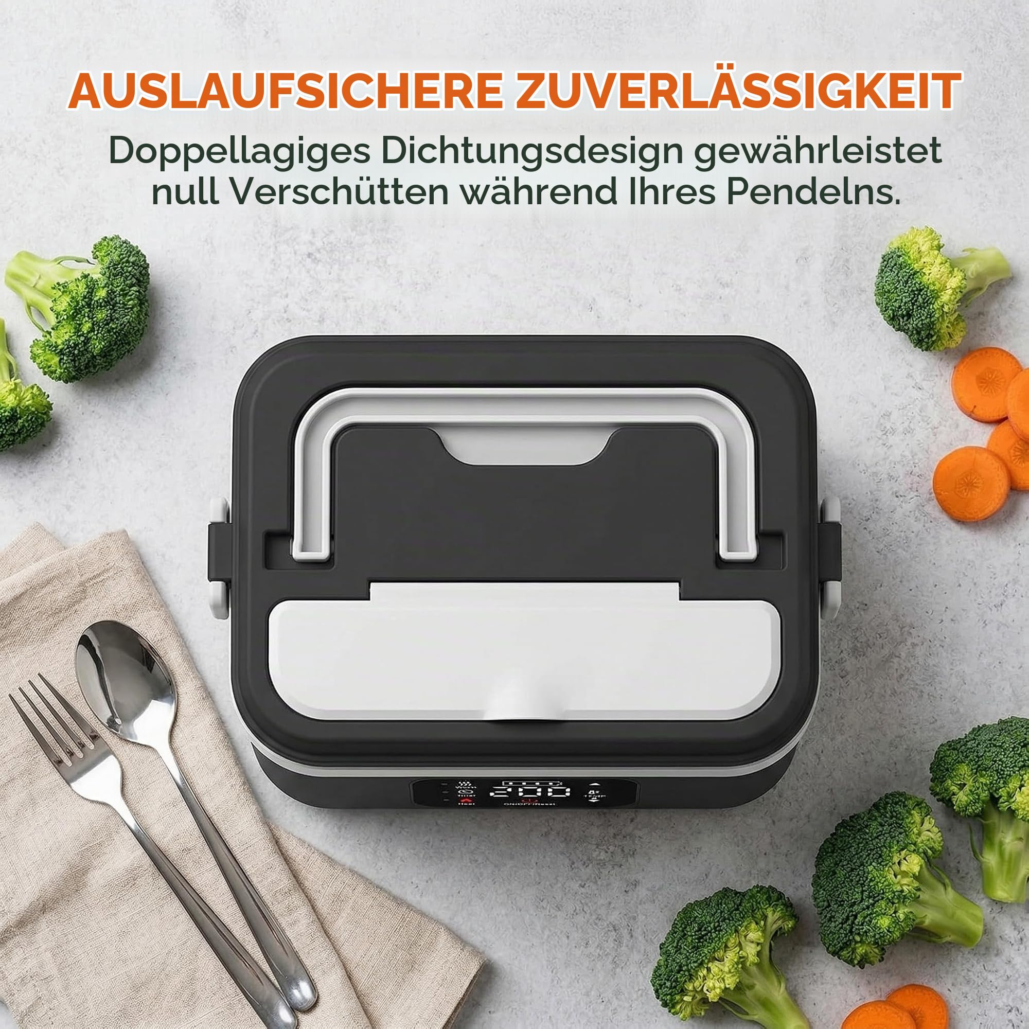 Elektrische Lunchbox Erwachsene mit Akku, 1L, 6 Temperatursstufen, Timer | 65-90 ℃, Leckdicht, LCD Display mit Isoliertasche