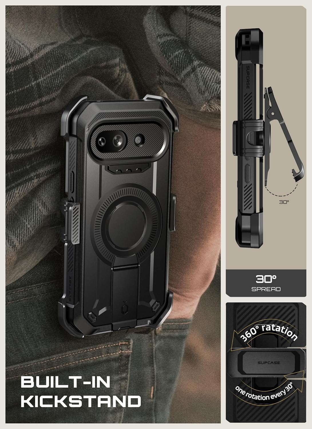 SUPCASE for Google Pixel 10A Case with Stand (UB Pro Mag), [Compatible with Wireless Charge] [Built-in Screen Protector & Belt-Clip] Protective Phone Case for Pixel 10A, Black