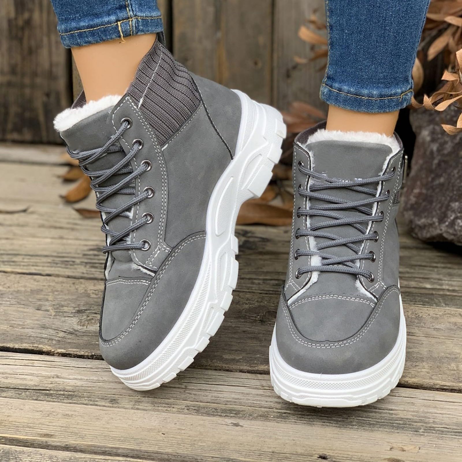 Męskie zimowe trampki z wysoką cholewką, ciepłe, z podszewką z futra, na co dzień, sznurowane buty do codziennego chodzenia i streetwear, szary, 38 EU