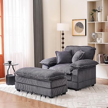 Corduroy Overstuffed Chaise Lounge Chair, Oversized 47" W Single Sofa Ottoman & Pillows,Comfy Deep Seat Cloud Sofa Couch for Living Room Bedroom Nursery Grey