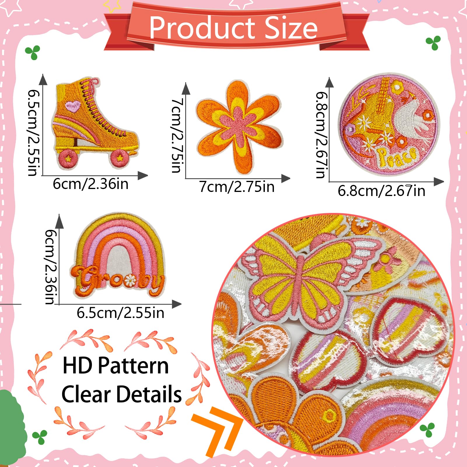 Qpout 19 pièces Hippie Patches Fer sur Patchs Vintage Groovy Boho Peace Sign Preppy Brodé Réparation Décoractive Patches pour vêtements Sac à dos Vestes Jeans Chemise DIY Craft Décorations