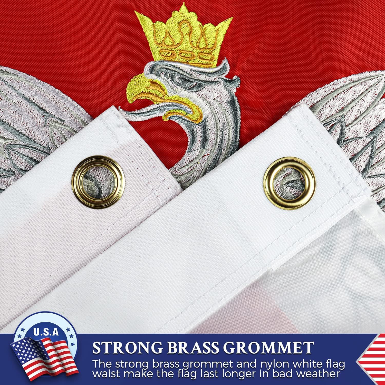 Double Sided Poland Ensign Flag 3x5 Outdoor Polish Flags Embroidered Eagle, Heavy Duty 210D Nylon, Sewn Stripes, Stronger Brass Grommets,4 Stitched Hemming, Perfect for Outside