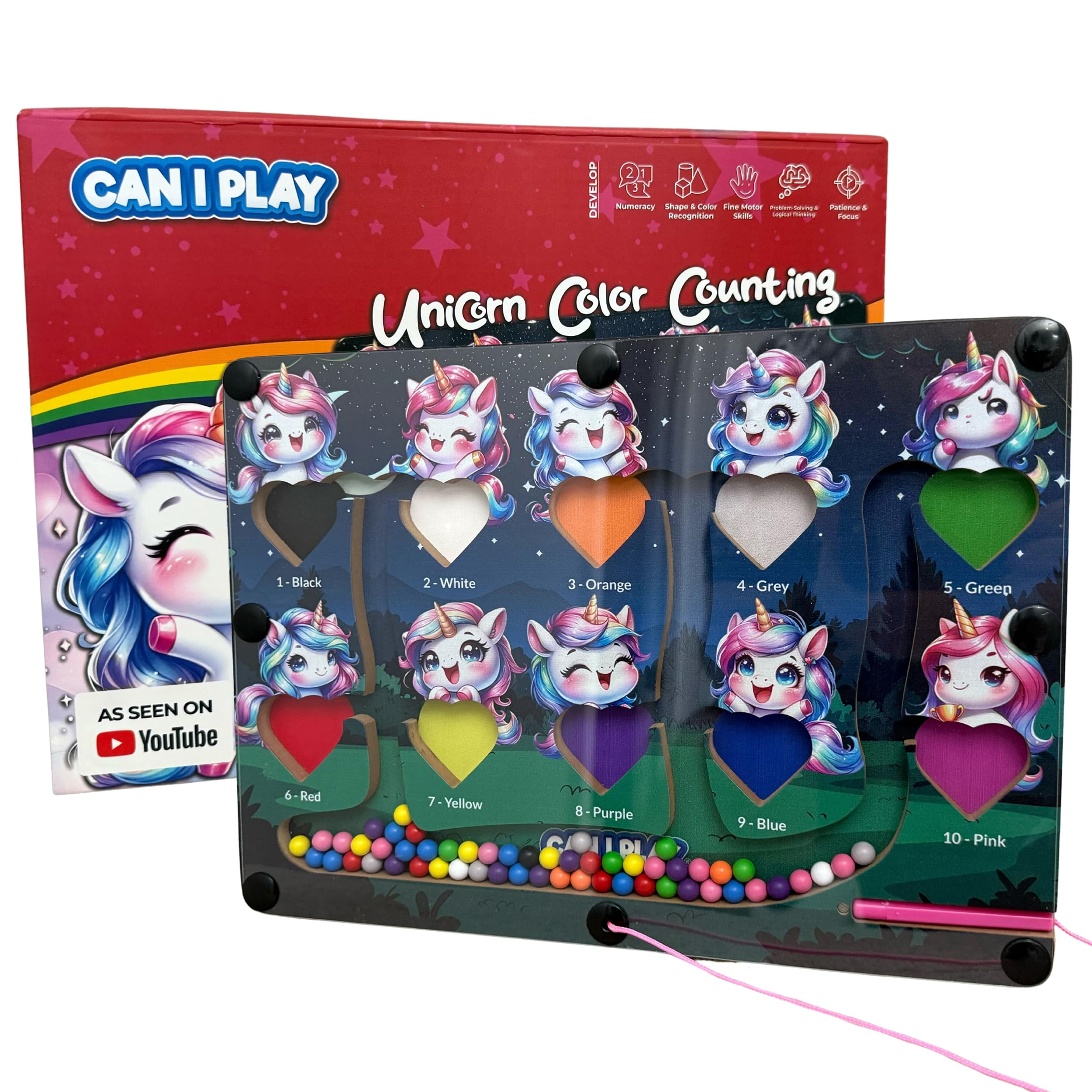 Unicorn Magnetic Wand Maze Board - Wooden Sorting Puzzle - Color Counting Toy for Toddlers - Montessori Learning for Fine Motor Skill Development with Number Matching Beads - Kids Ages 3–7