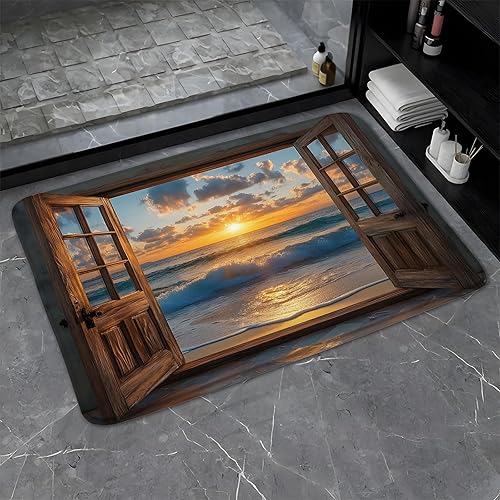 Alfombra de baño con puerta de madera marrón con diseño de océano, playa, paisaje hawaiano, olas de mar, estilo retro, granero, tablón de madera,