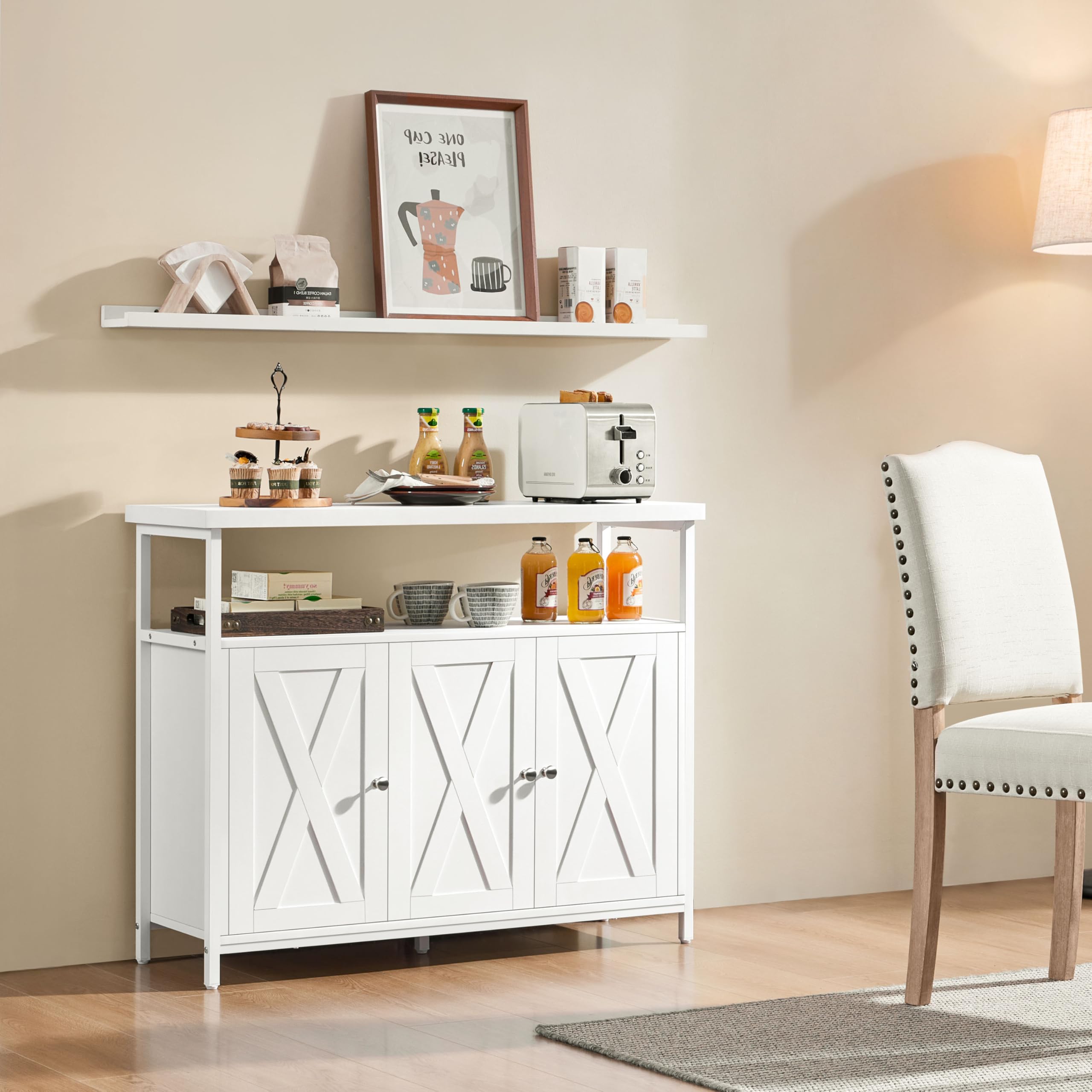 Yaheetech Sideboard, Küchenschrank mit 3 Türen und Offenen Regalen, Buffetschrank Aufbewahrungsschrank verstellbare Ablage 100 × 35 × 81 cm, Weiß