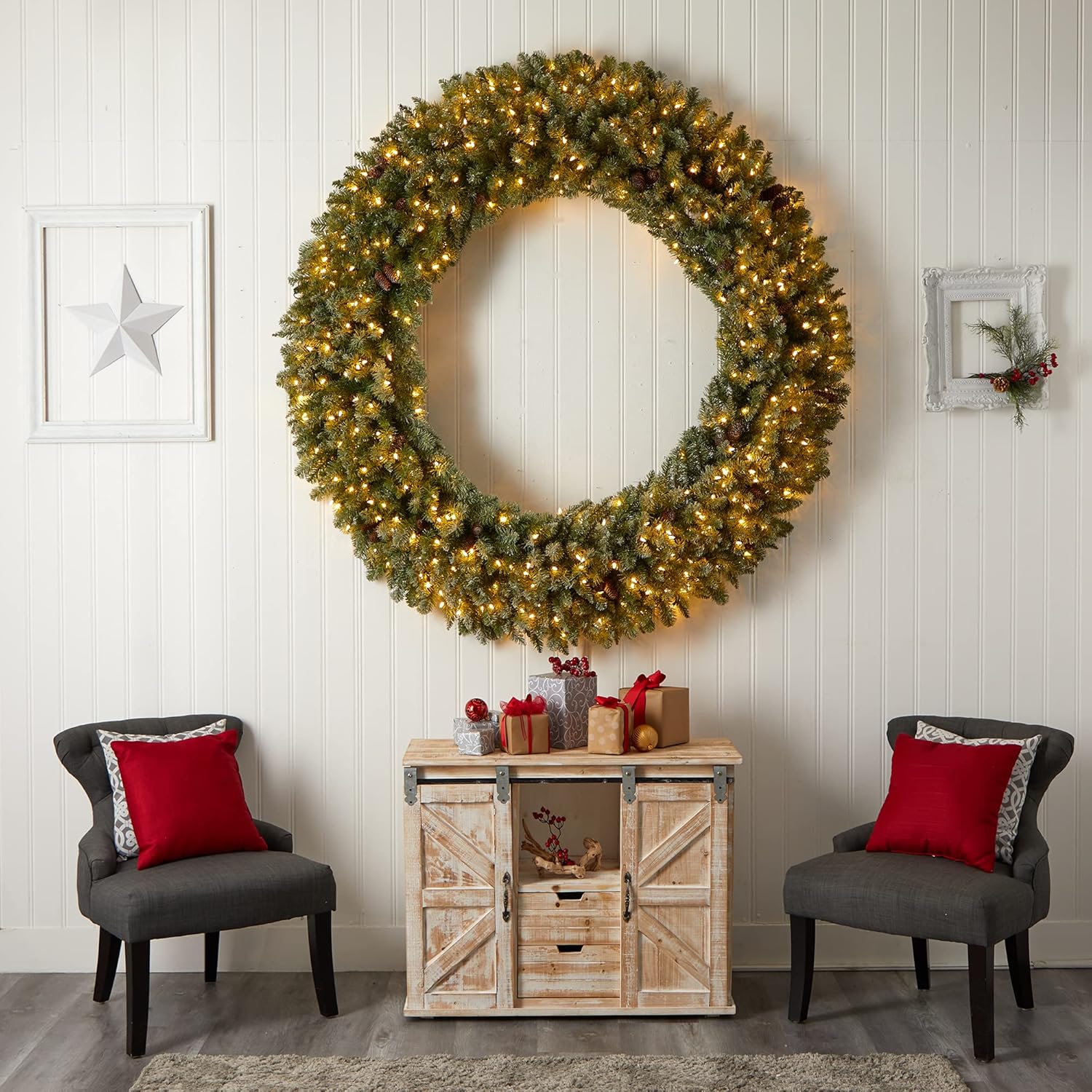 Nearly Natural 6ft. Giant Flocked Artificial Christmas Wreath with Pinecones, 400 Clear LED Lights and 920 Bendable Branches