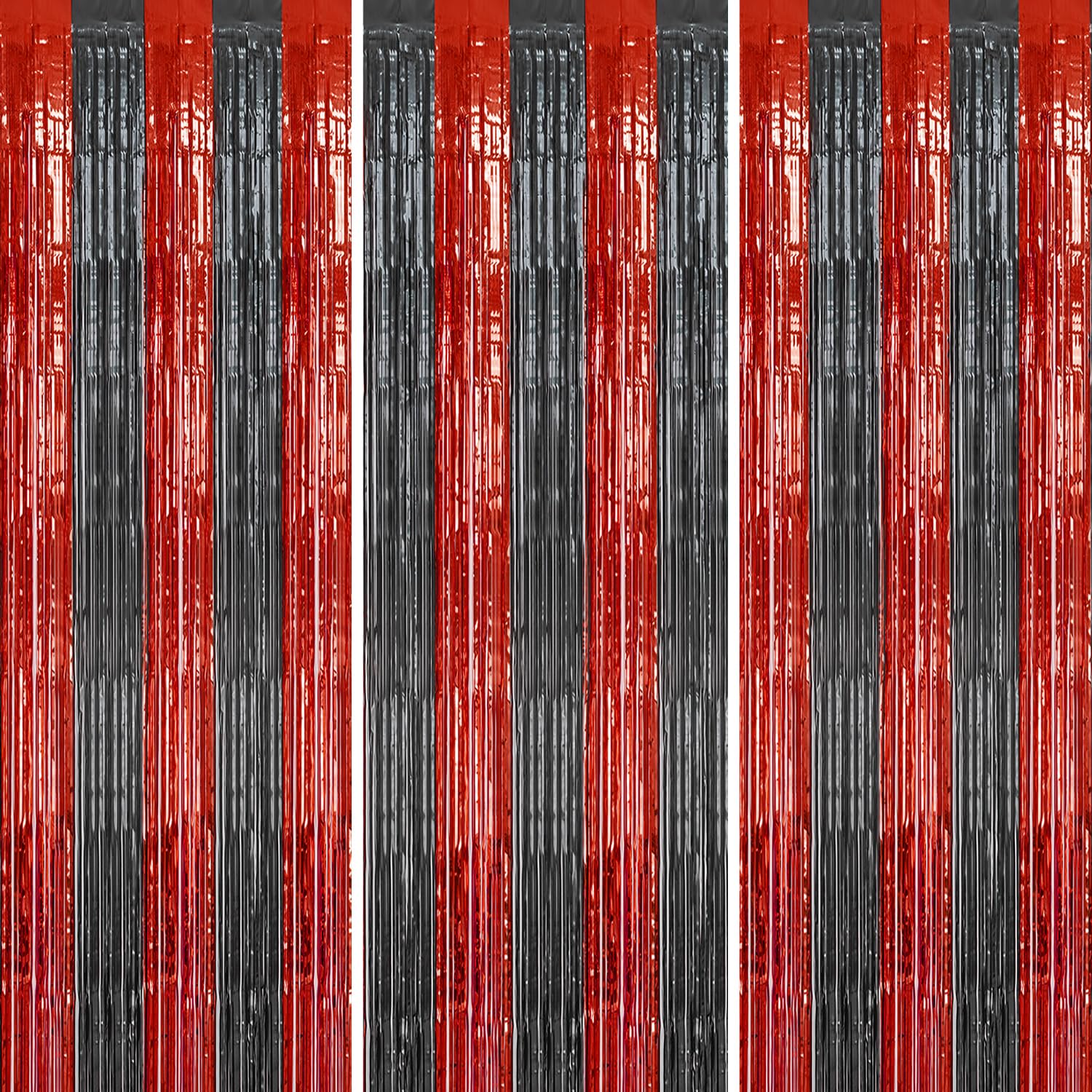 DECOCKRAT 3 Pack Foil Fringe Backdrop - Red&Black Shiny Tinsel Curtains for Party Decoration/Photo Booth Props - 3.3x8.2 FT Metallic Foil Backdrop for Birthday, Wedding, Graduation, Christmas.