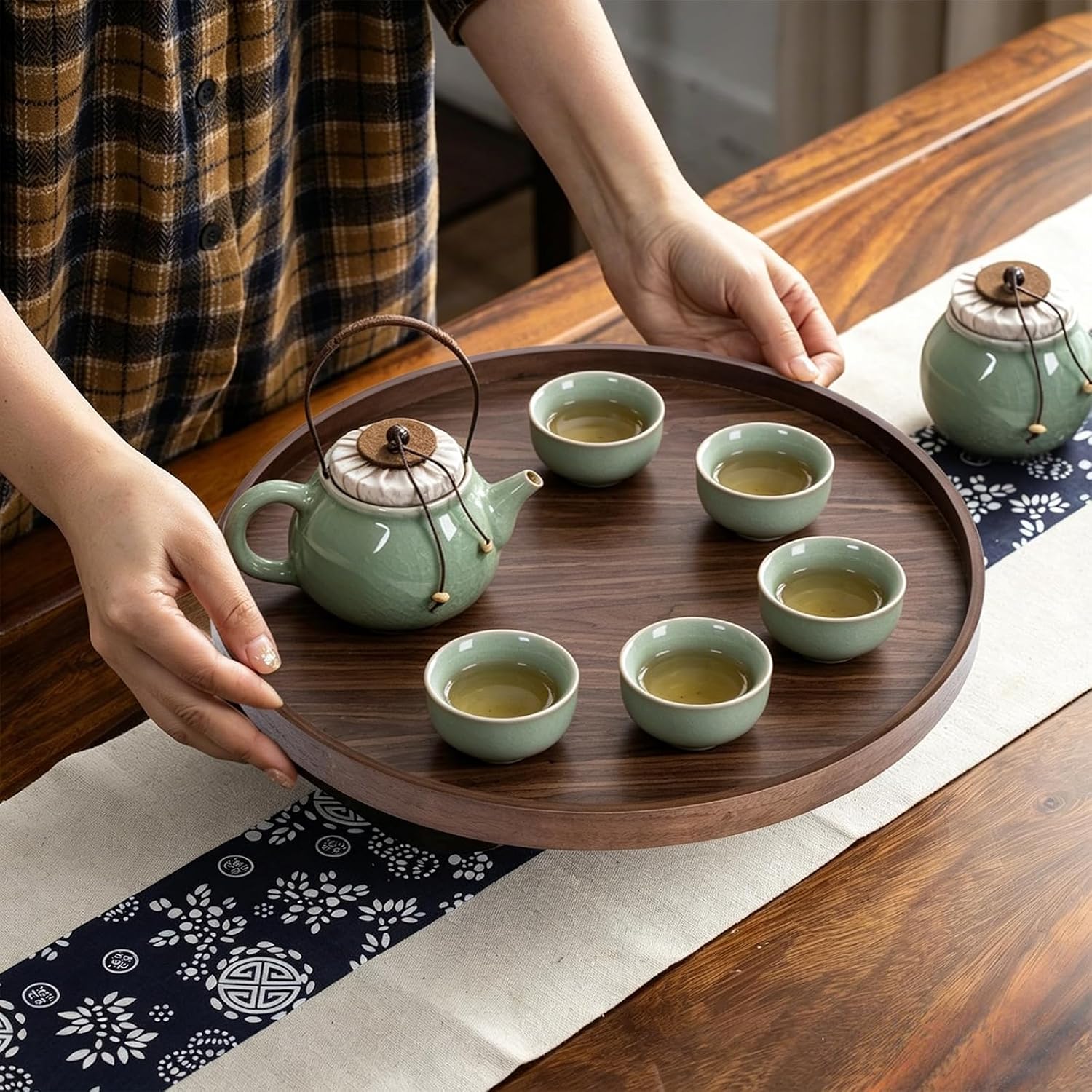 Wooden Large Round Serving Tray Home Decor,Black Walnut Wood Ottoman Tray for Living Room,Classic Wood Decorative Storage Coffee Trays,Storage and Display of Bread Food Fruit