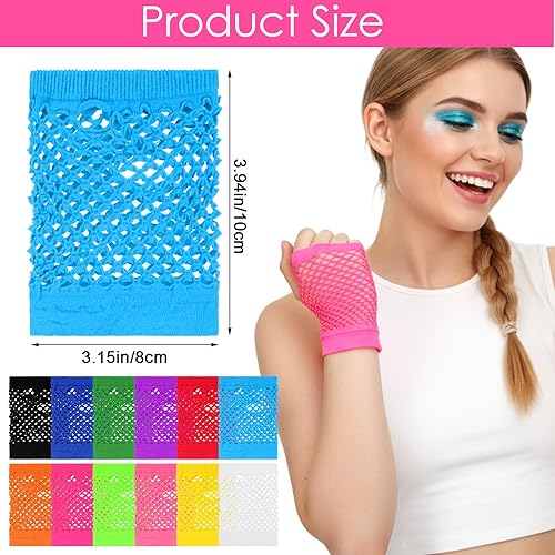 Miniatura 2 de 12 pares de guantes cortos de malla para mujer, guantes de neón sin dedos, guantes coloridos de red solitarios, manga de brazo de red emo, gótico