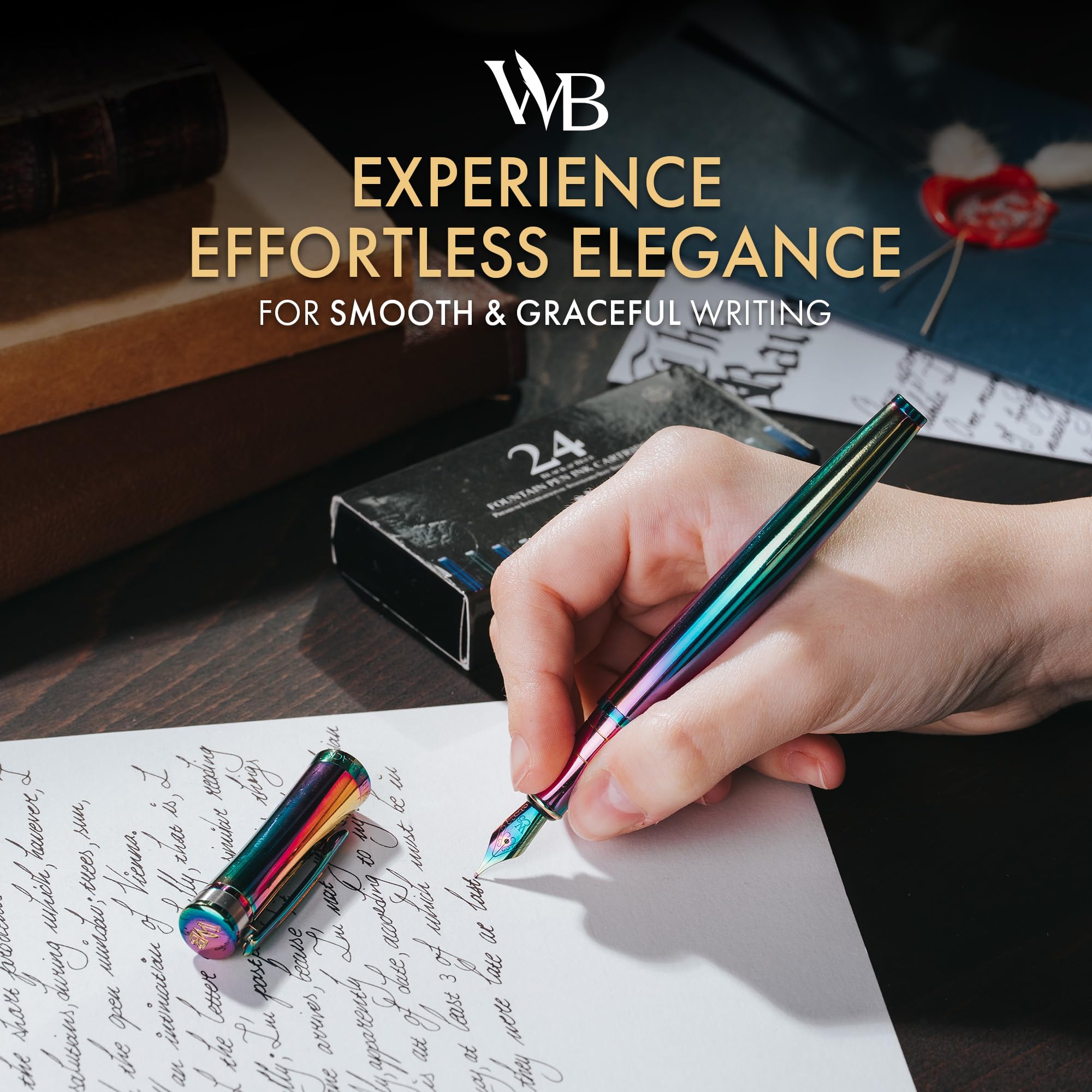 Wordsworth & Black Fountain Pen Set, 18K Gilded Medium Nib, Includes 24 Pack Ink Cartridges, Ink Refill Converter & Gift Box - Image 2