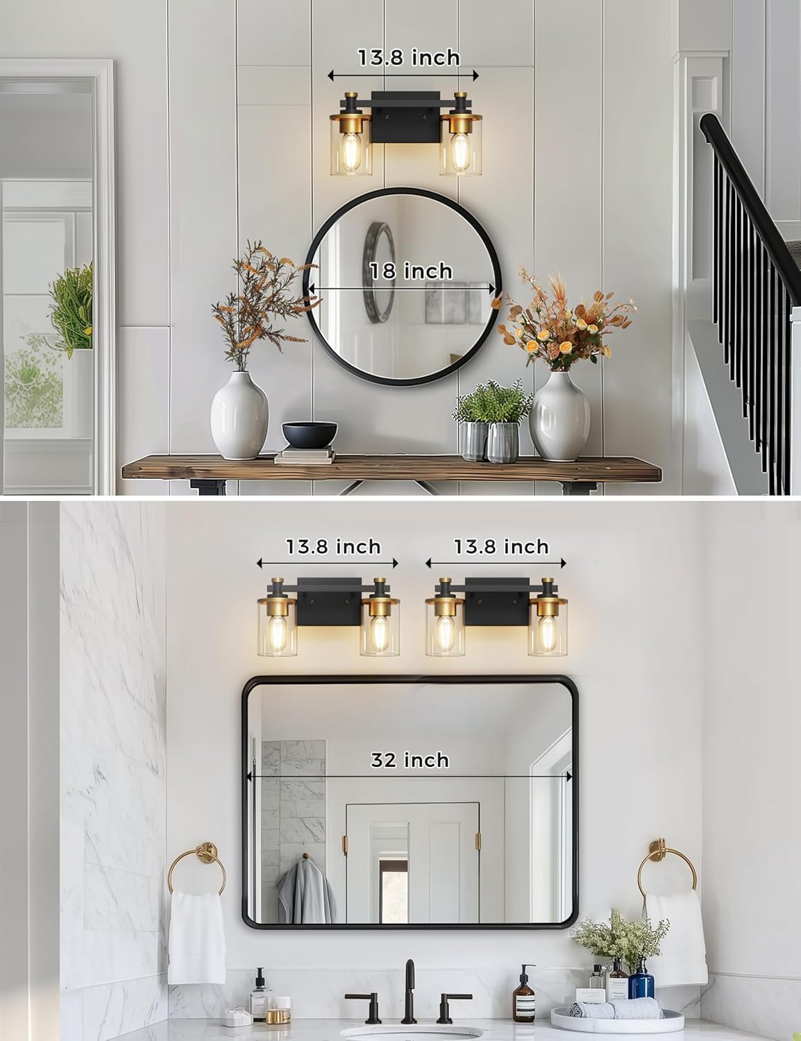 L LOHAS LED 2-Light Modern Black and Gold Bathroom Vanity Light Fixture Over Mirror, ETL Certified, Warm White, 800 Lumen, 120 Watts, Indoor Use, 2 Count, Clear Glass Shade