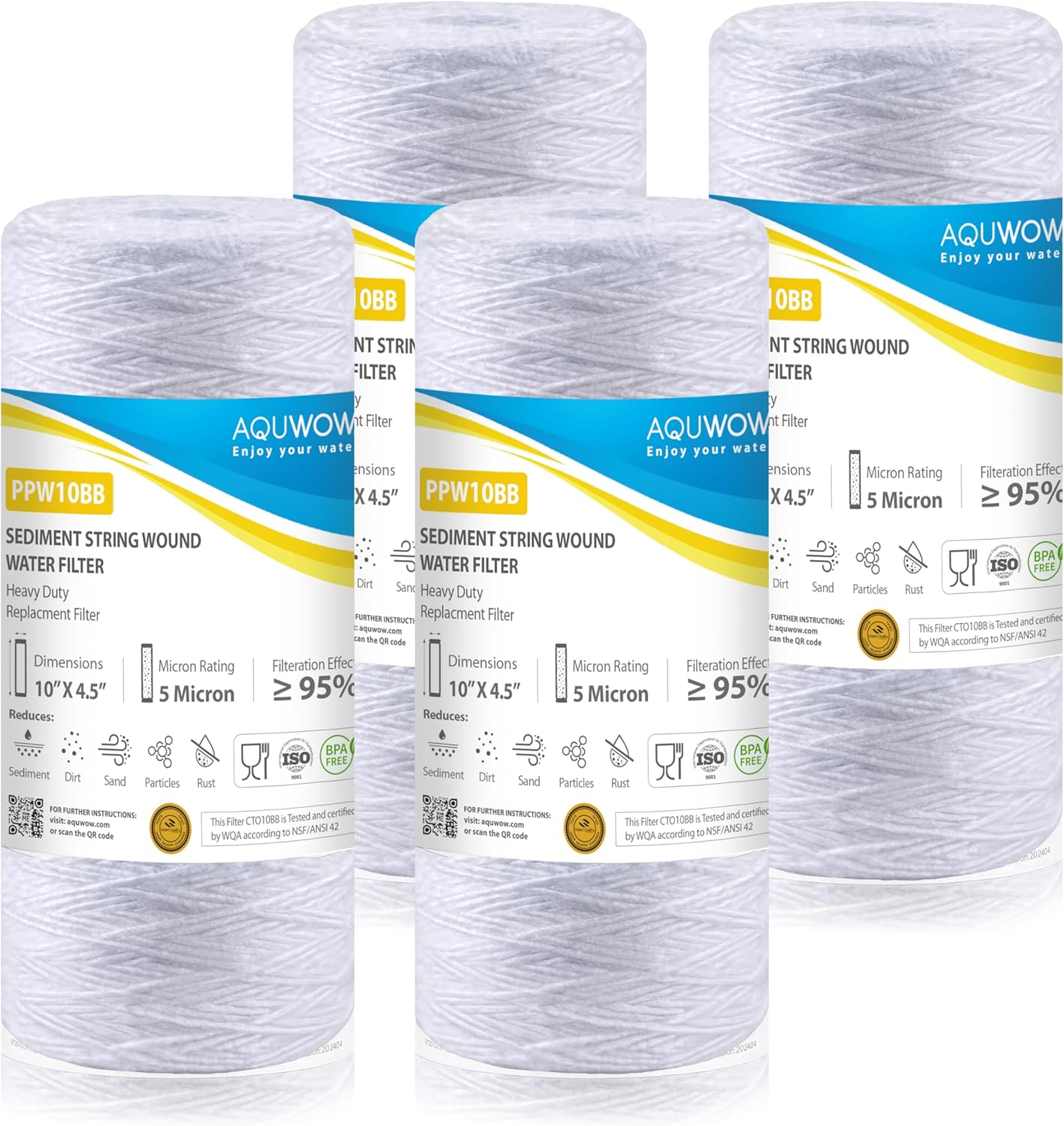 PPW10BB 5 Micron 4.5" x 10" String Wound Sediment Filter Set – Replacement Cartridges for Whole House & Under Sink Systems, Durable Depth Filtration (4, 10 x 4.5)