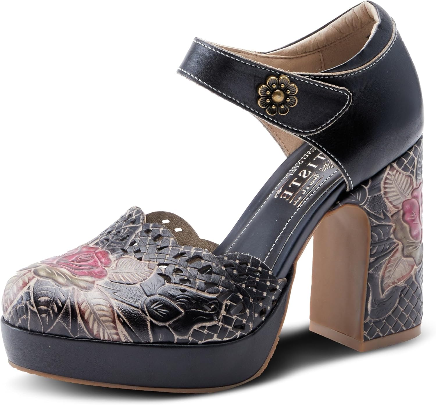 L'Artiste Debbihary Mary Jane Pump Shoes for Women | Pointed Closed Toe High Heels for Women with Rose Embossed Details and Adjustable Ankle Strap